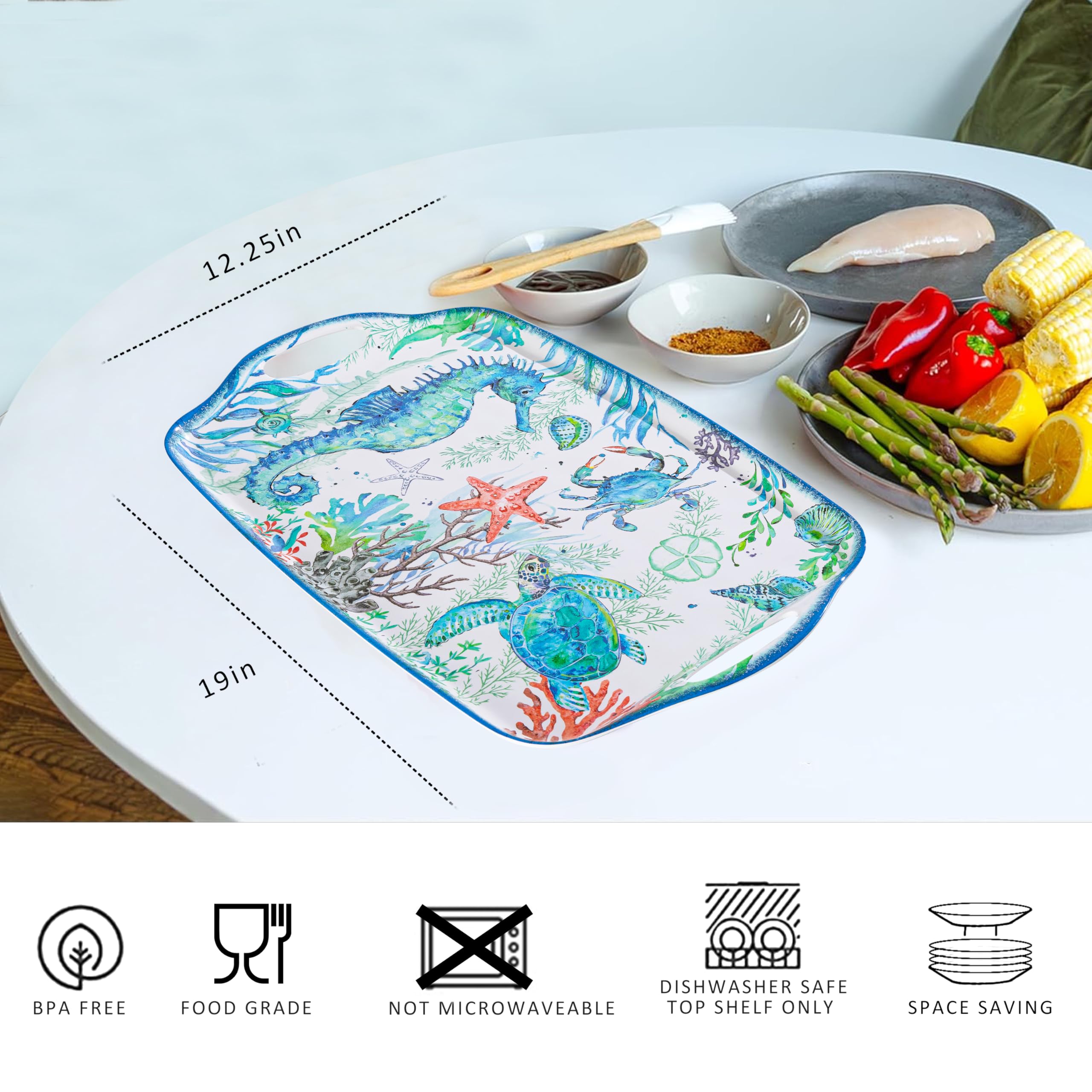 LEHAHA Serving Tray with Handles, Large Rectangular Melamine Serve Platter for Serve Food, Set of 2, 19 x 12 inch,Unbreakable Food Platter for Coffee Table, Ottoman Tray for Bedroom, Living Room.