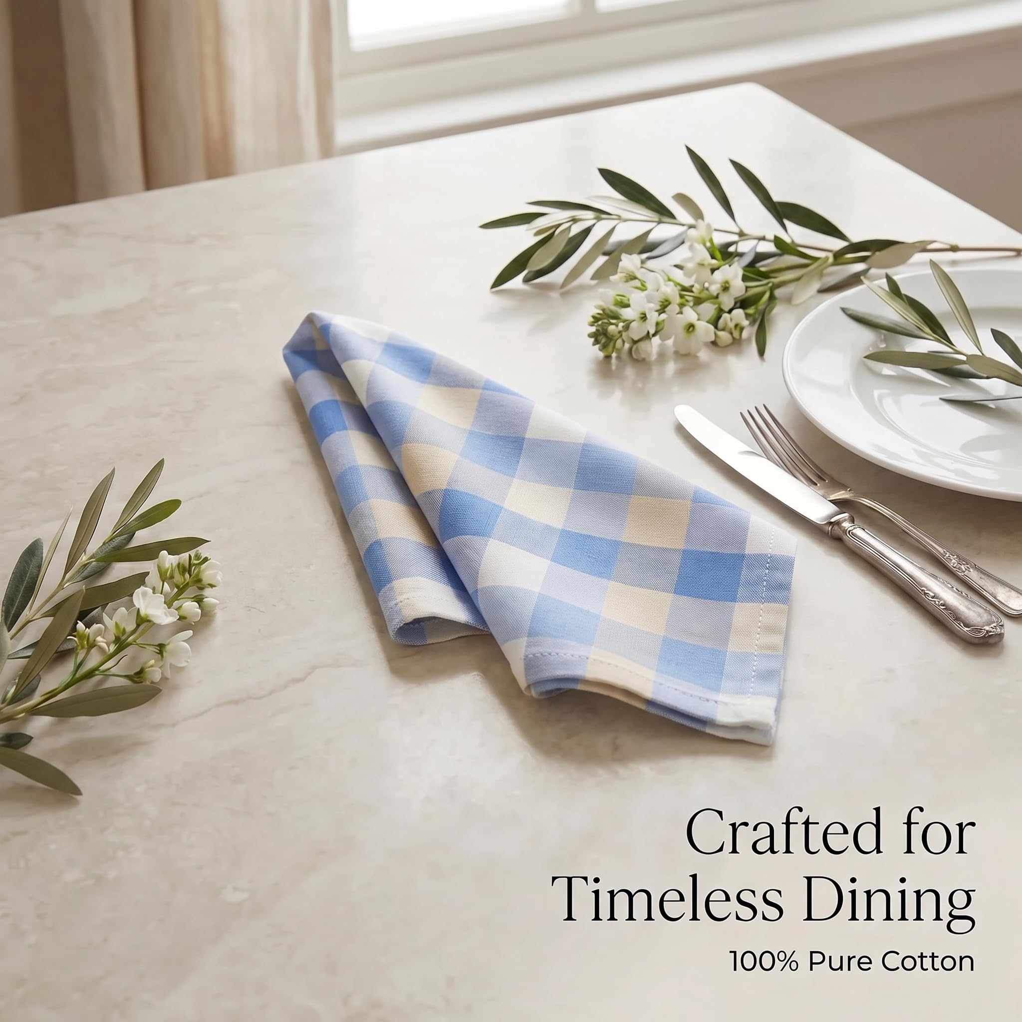 Urban Villa Cloth Napkins 100% Cotton Highly Absorbent Washable Reusable Premium Dinner Napkins Ideal for Gifts for Mothers Day Hotel Farmhouse Parties - Blue Sand Checks (20" x 20", Set of 12)