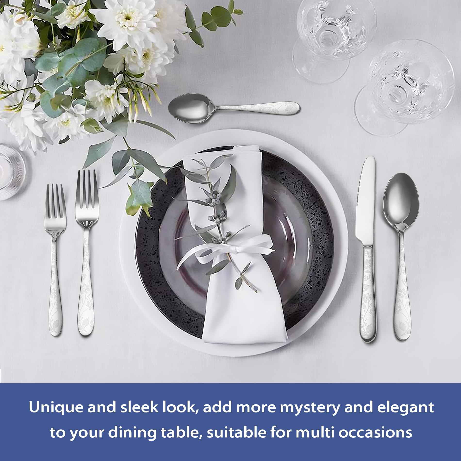 40 Piece Silverware Set Service for 8, EIUBUIE Premium Stainless Steel Cutlery Set, Mirror Polished Flatware Sets with Pattern Handle, Modern Kitchen Eating Utensils Sets Include Spoons Forks Knives