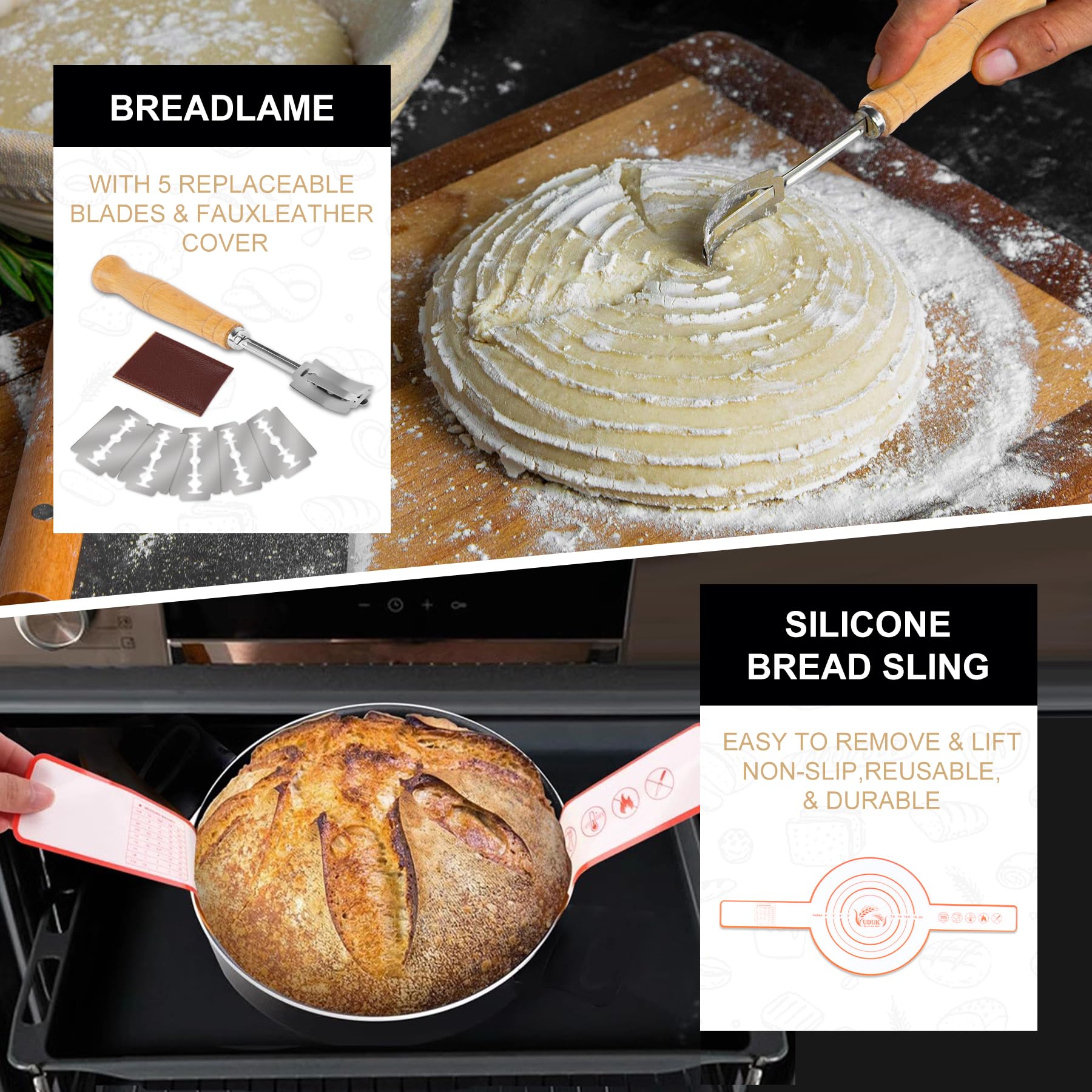UDUK Bread Proofing Basket Set with 10" Round and 9.6" Round Banneton Baskets, Silicone Bread Sling Baking Mat, Whisk Cutter Scraper Lame - Sourdough Bread Baking Supplies Ideal Sourdough Starter Kit