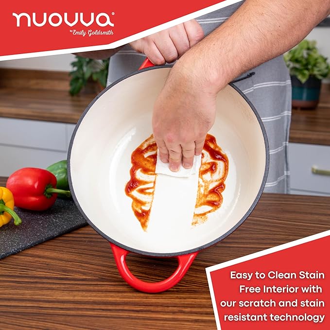 Cast Iron Dutch Oven with Lid – Non-Stick Ovenproof Enamelled Casserole Pot – Sturdy Dutch Oven Cookware – Red, 7.3-Quart, 30cm – by Nuovva