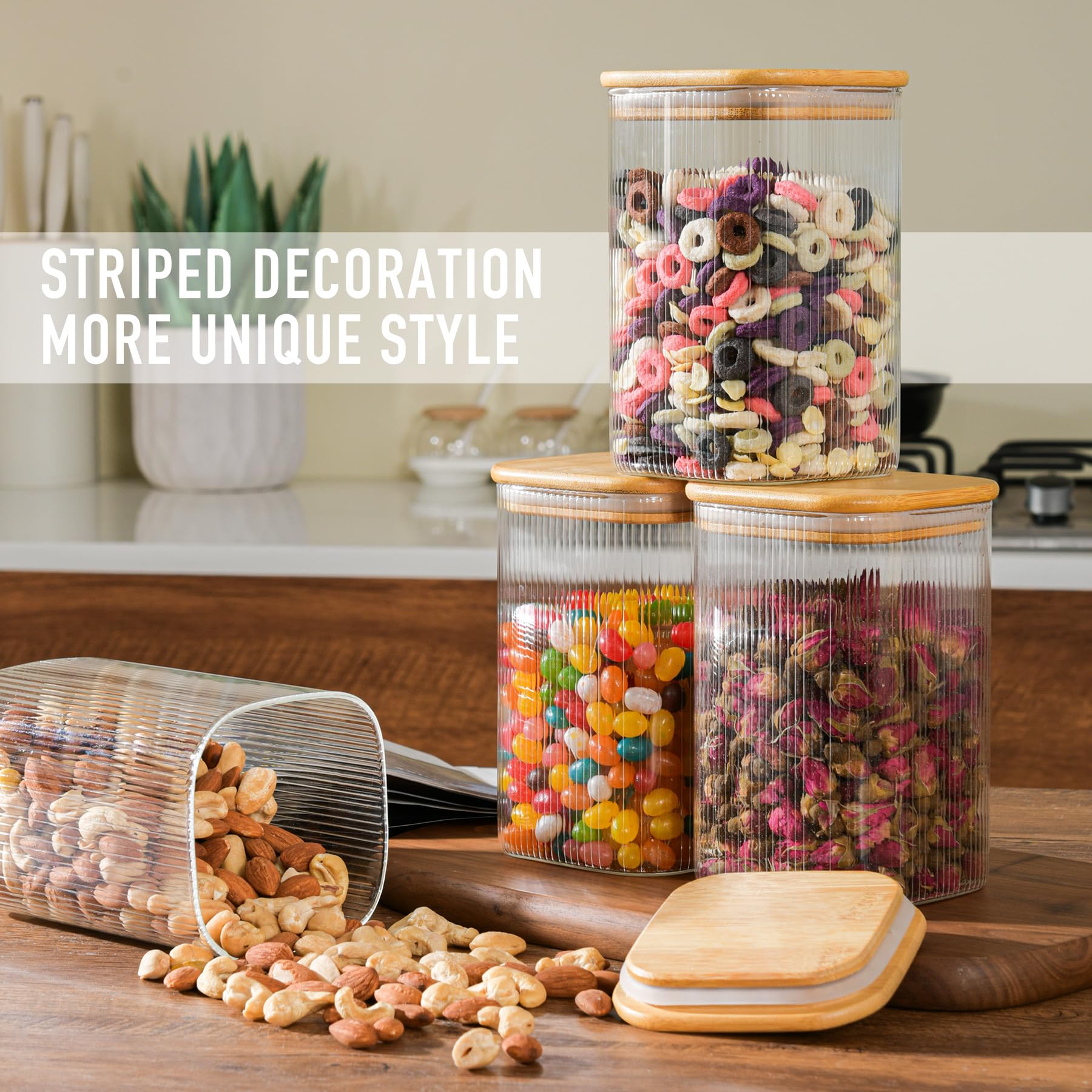 D2scrma 37oz Airtight Glass Square Storage Canisters with Bamboo Lids Set of 4 (1100ml) Striped Stackable Containers, Decorative Kitchen Jars for Tea, Nuts and Coffee (‎with Black Lable)