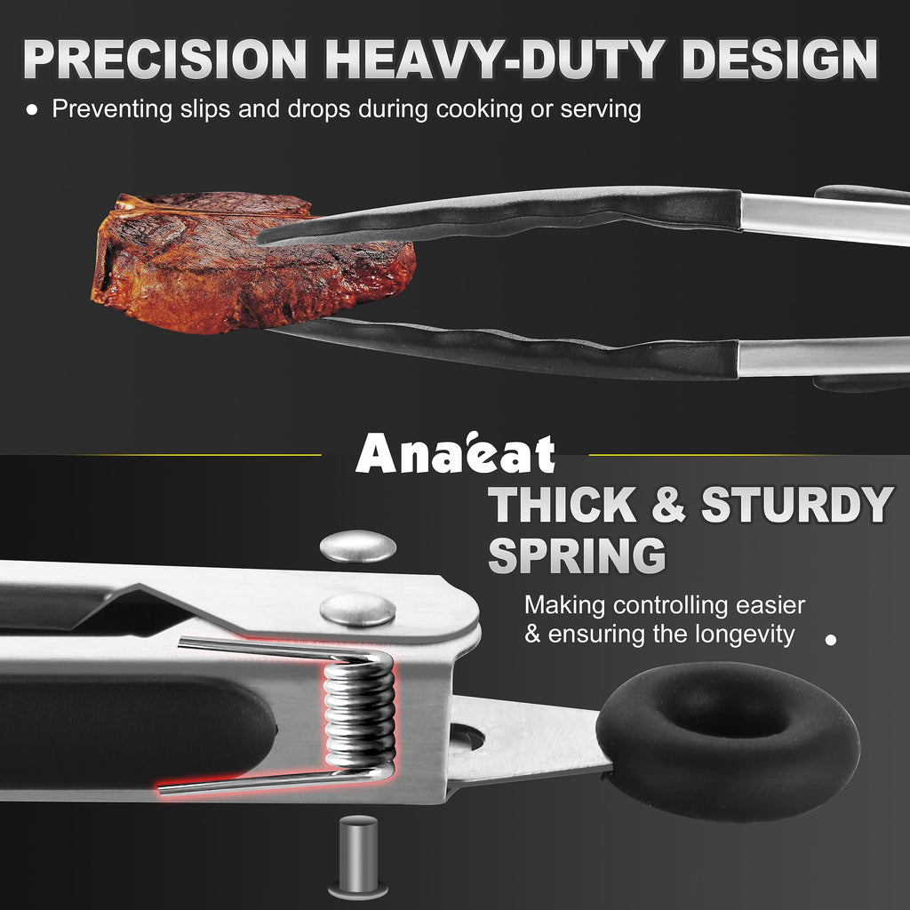 Anaeat Non-Stick Silicone Locking Tong Set of 3 - Stainless Steel 7", 9", 12" Kitchen Food Tongs with Non-Slip Silicone Tips and Grip for Cooking, Baking and BBQ - Heat Resistant up to 480°F (Black)