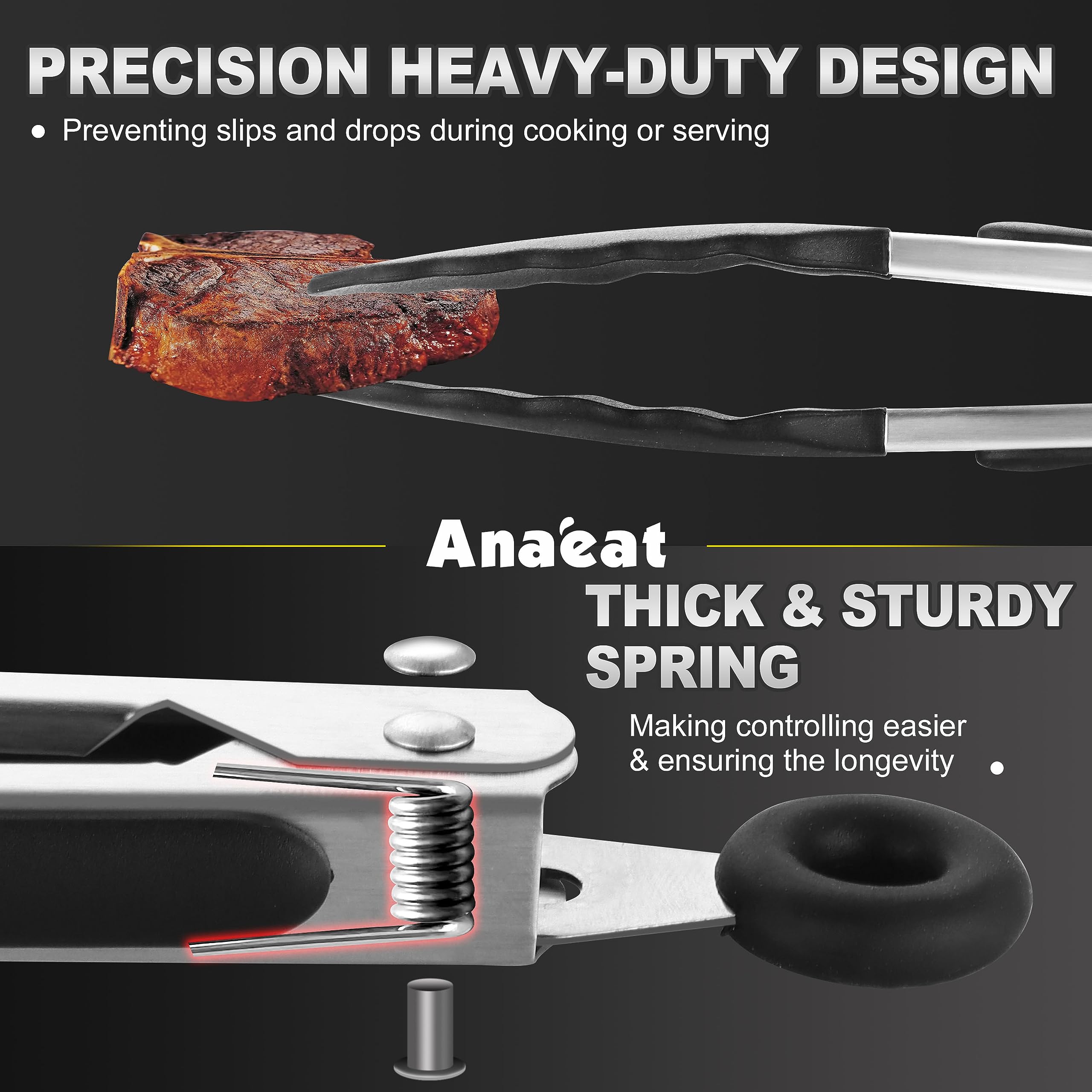 Anaeat Non-Stick Silicone Locking Tong Set of 3 - Stainless Steel 7", 9", 12" Kitchen Food Tongs with Non-Slip Silicone Tips and Grip for Cooking, Baking and BBQ - Heat Resistant up to 480°F (Black)