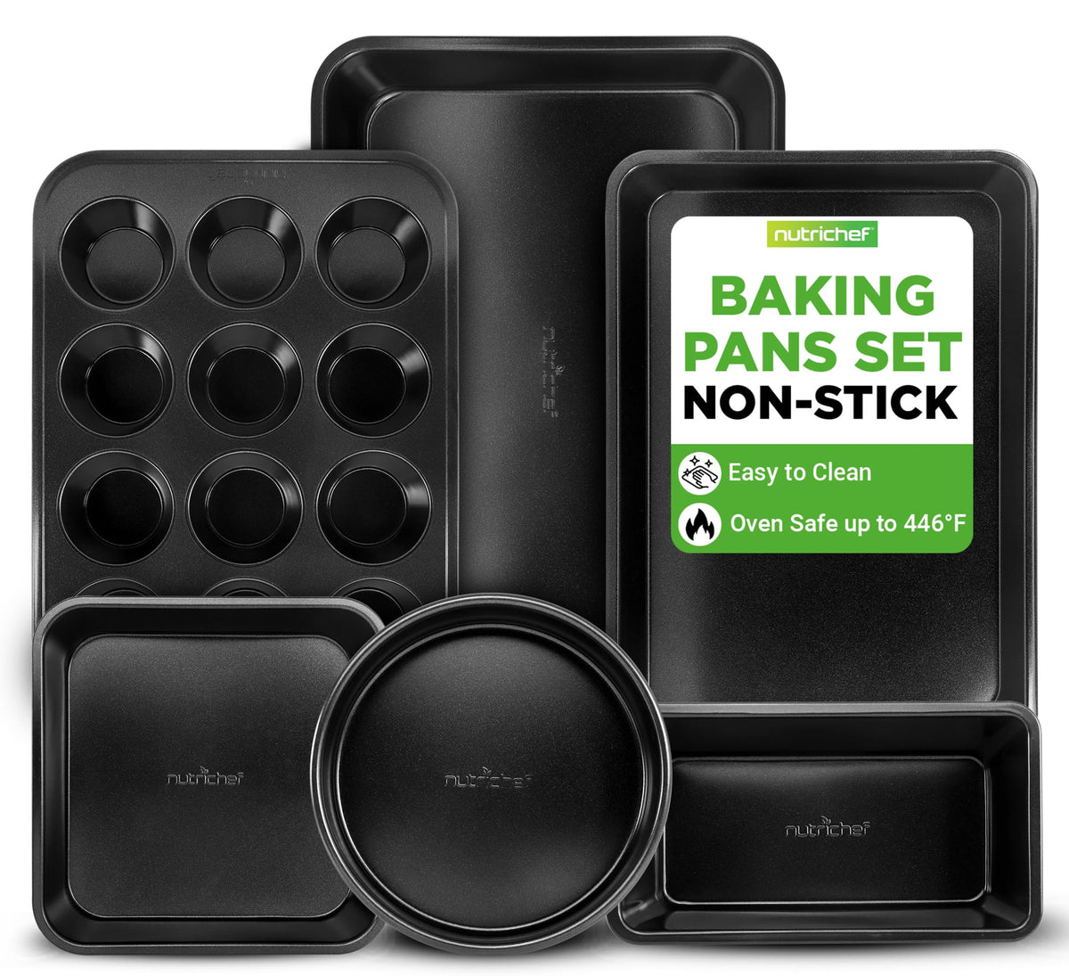 NutriChef 6-Piece Nonstick Baking Pans - Carbon Steel Non toxic Bakeware set with Cookie Sheets, Muffin, Loaf, Round & Square Pan - Restaurant Quality Baking Tray, Easy Clean, Dishwasher & Oven Safe