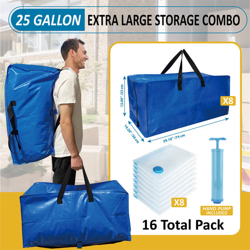 16 Pack Heavy Duty Extra Large Moving Bags with Backpack Straps & Large Vacuum Storage Bags Moving Supply Combo, Moving Totes with Handles & Zippers for Space Saving, Fold Flat, Includes Vacuum Bags