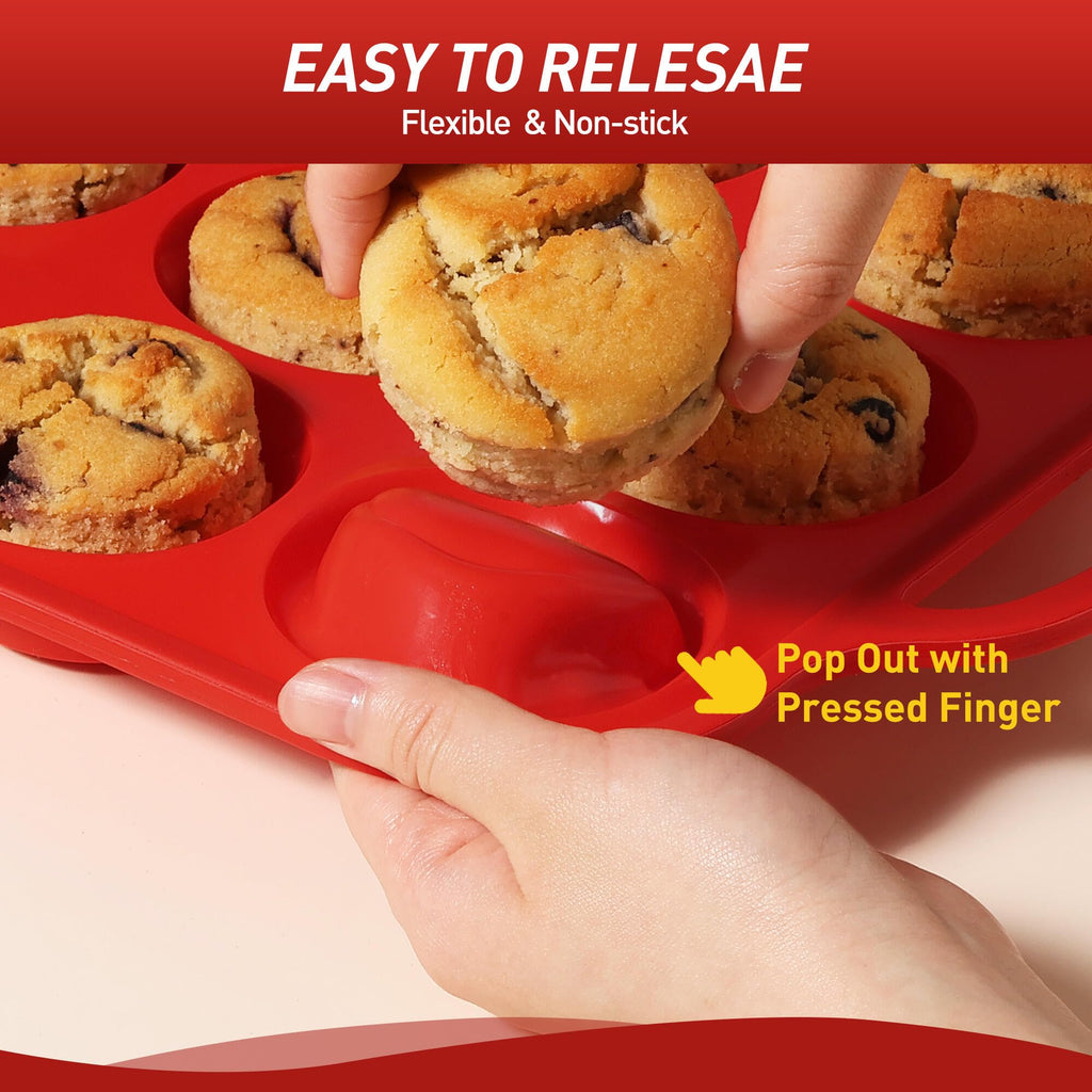 12 Cups Silicone Muffin Pan with Metal Reinforced Frame Regular Size Cupcake Pan Tray Egg Bites Silicone Circle Cookie Molds Muffin Tin Tart Pans Baking Sheet Set for Breakfast Sandwiches