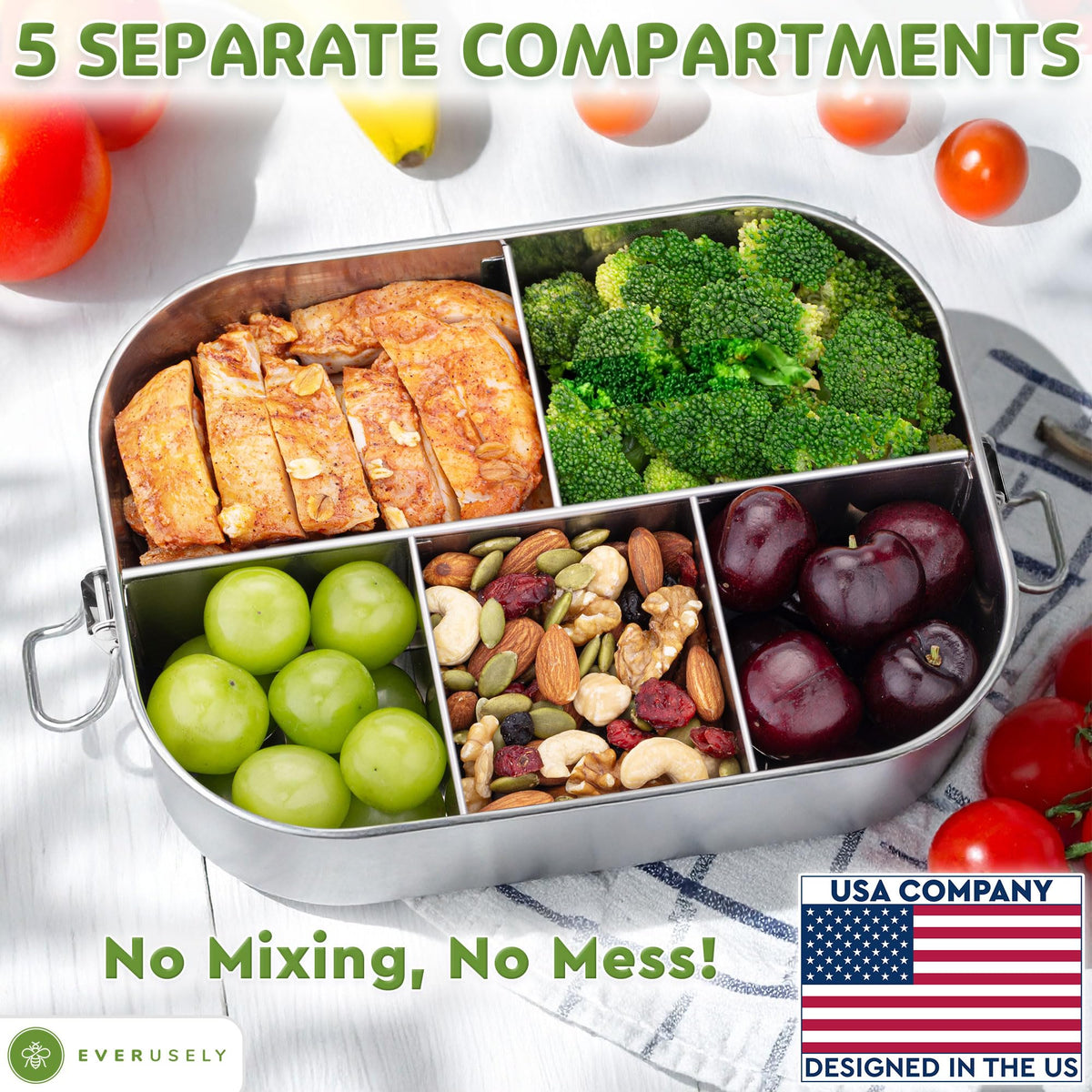 Bento Box - 47 oz - 5 Compartment Bento Box - Metal Lunch Box w/ Lock Clips