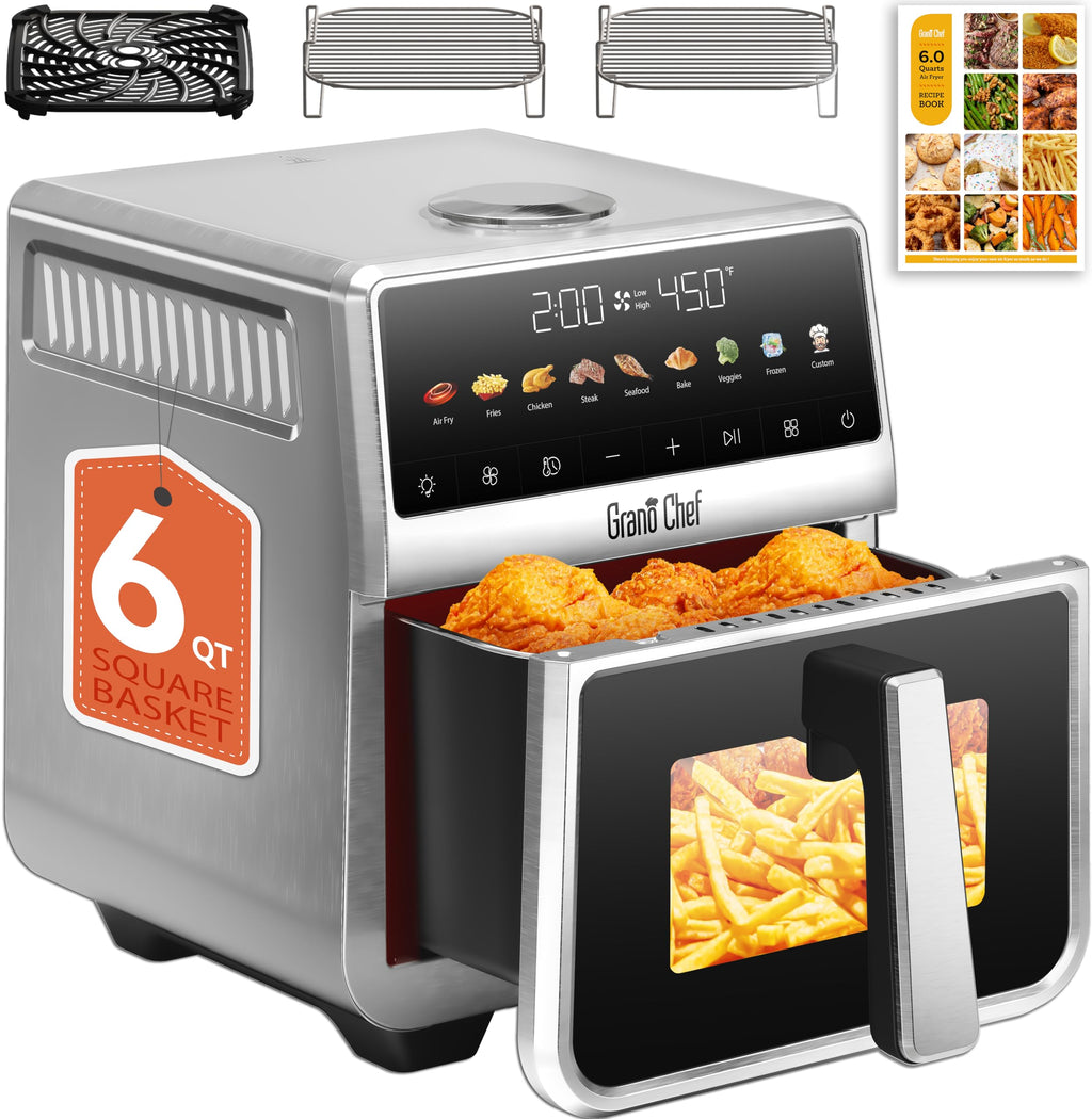 6Qt Stainless Steel Air Fryer Non Toxic, Ceramic Glaze, 120°F~450°F, 1700W