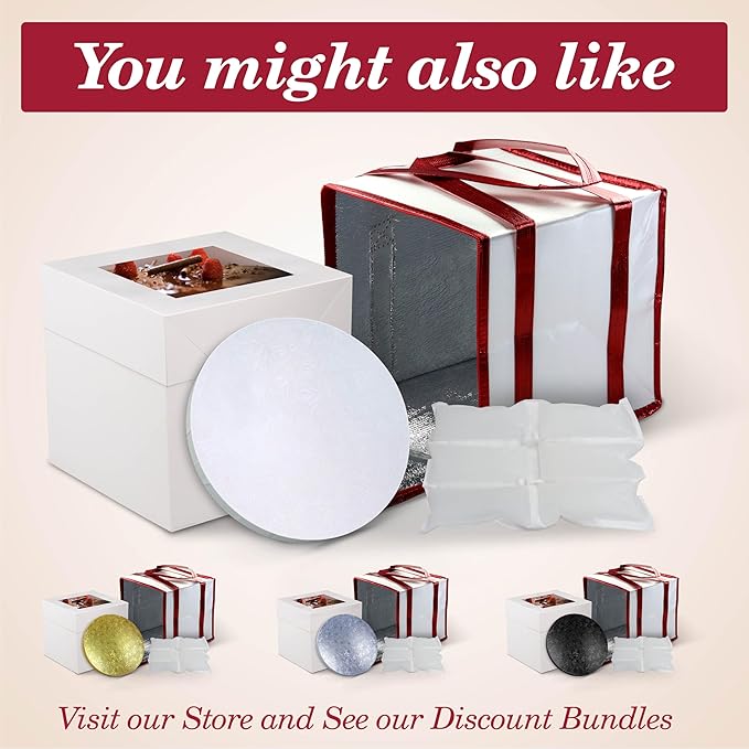 Cakebon Cake Boxes with Boards - 8 Inch Round Cake Drum Gold - Box With Window for Birthdays, Weddings and Parties (1pc Each, 2pcs Total)