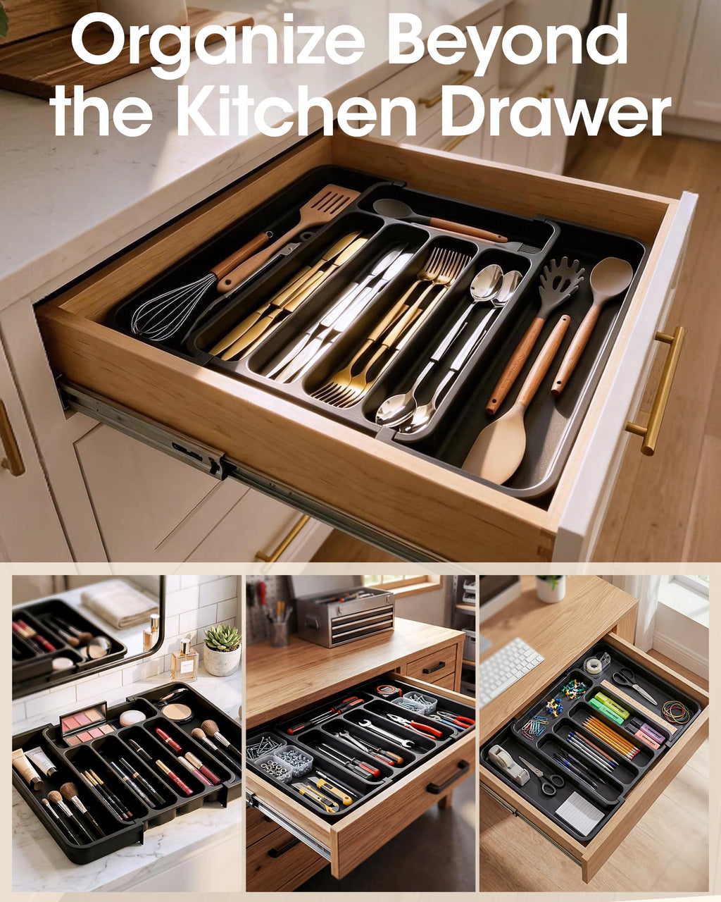 Aujen Silverware Drawer Organizer, Adjustable Utensil Cutlery Tray