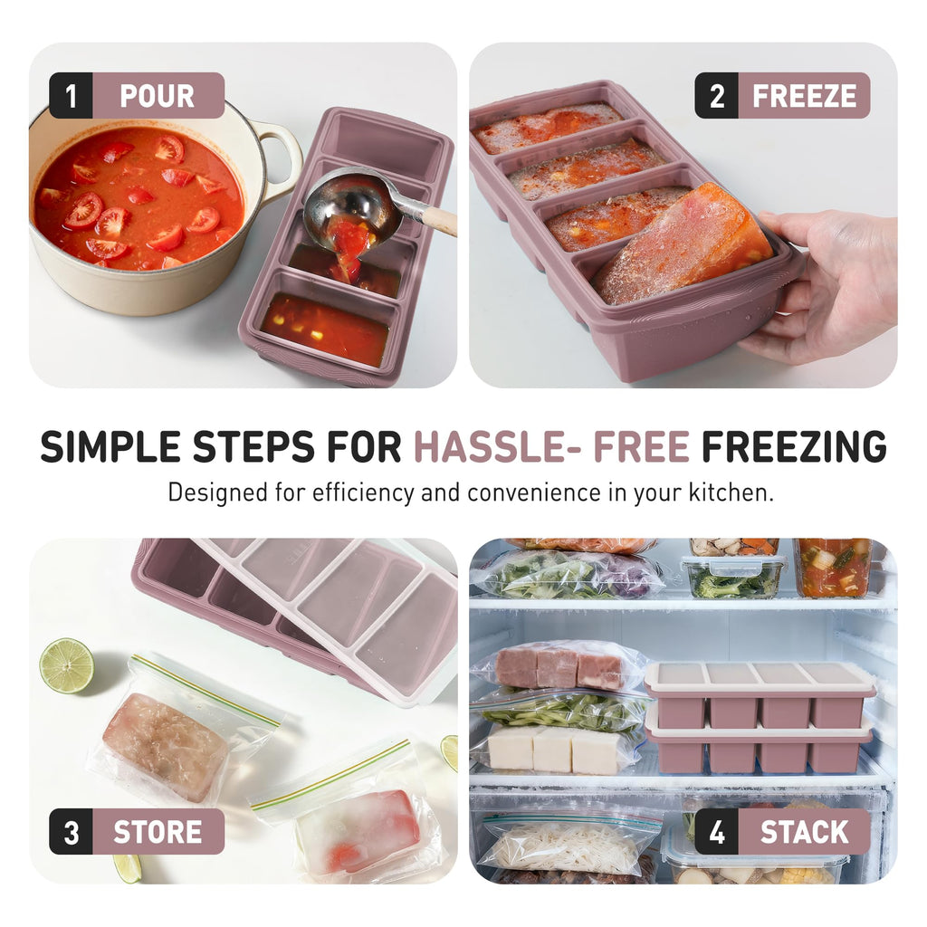 Silicone Freezer Tray with Lid Soup Freezer Container Molds with Steel Reinforced Rim Large Ice Cube Tray Makes 8 Perfect 1 Cup Portions Cubes Storage Food Containers House Essentials for New Home