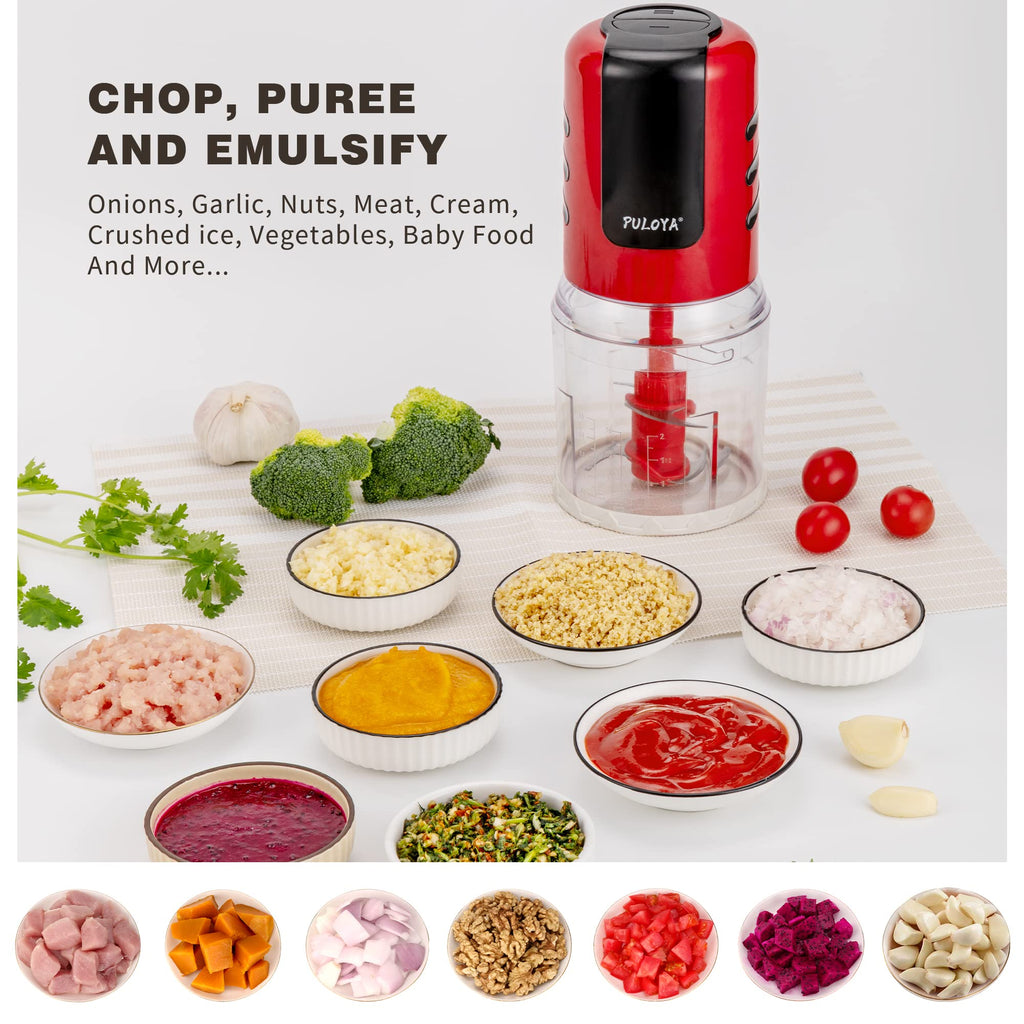 PULOYA Mini Prep Food Processor 2 Cup Small Electric Food Chopper 2 Speed for Vegetables, Meat, Fruits and Nuts with 4 Stainless Steel Blades, 400-Watt, Red