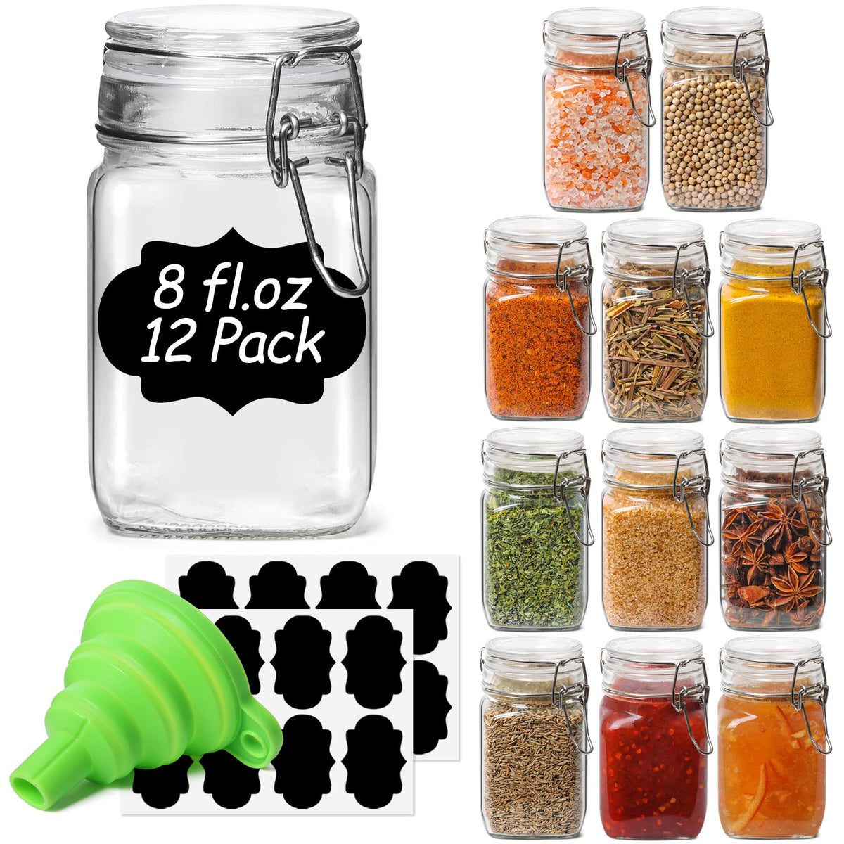 ComSaf Square Small 8 oz Glass Spice Jars with Airtight Lids 6 Pack Pantry