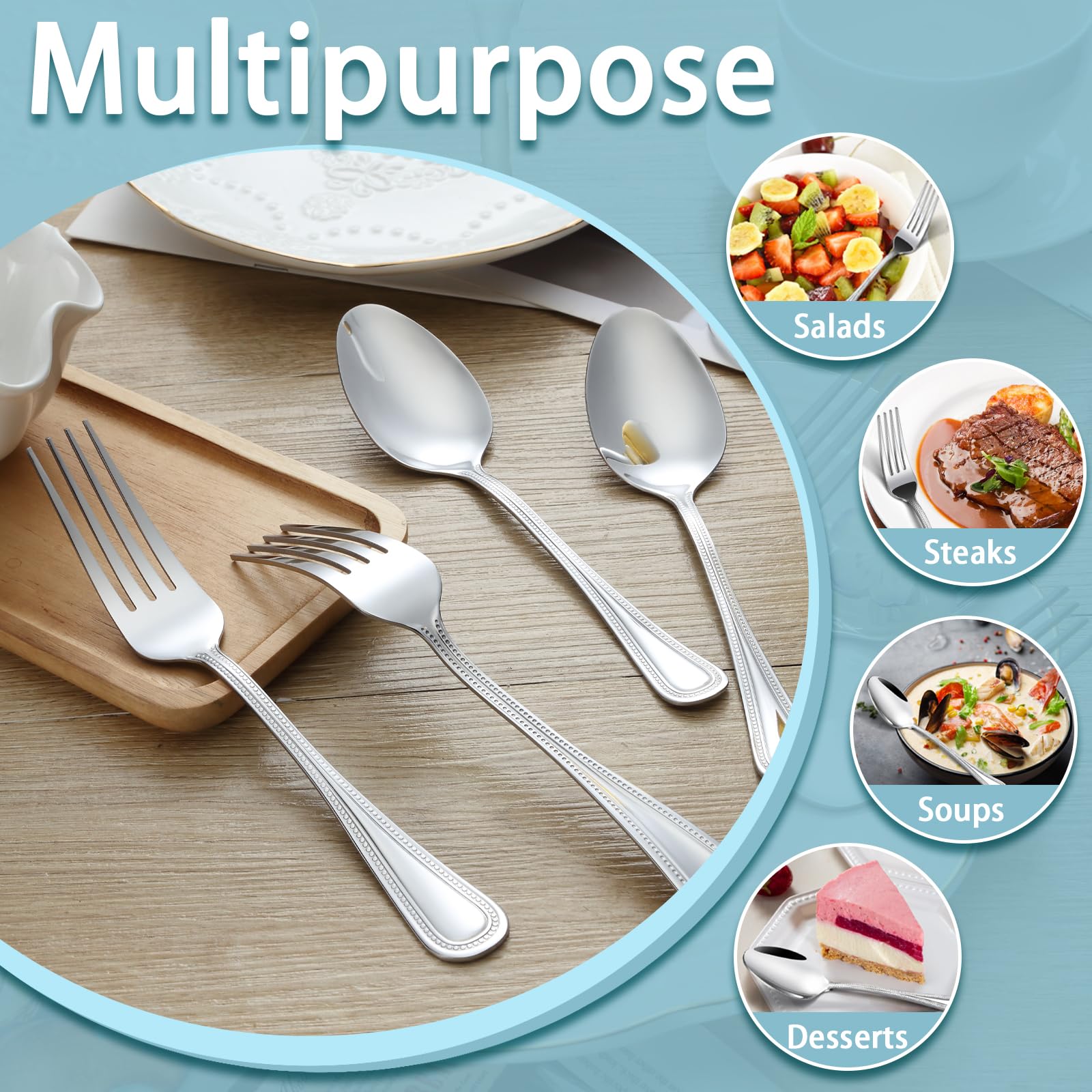 Gymdin 24 PCS Spoons and Forks Set, Food Grade Stainless Steel with Pearl Dot Design Handle Silverware Set, Mirror Polished Dishwasher Safe, Silverware Forks and Spoons for Home or Restaurant