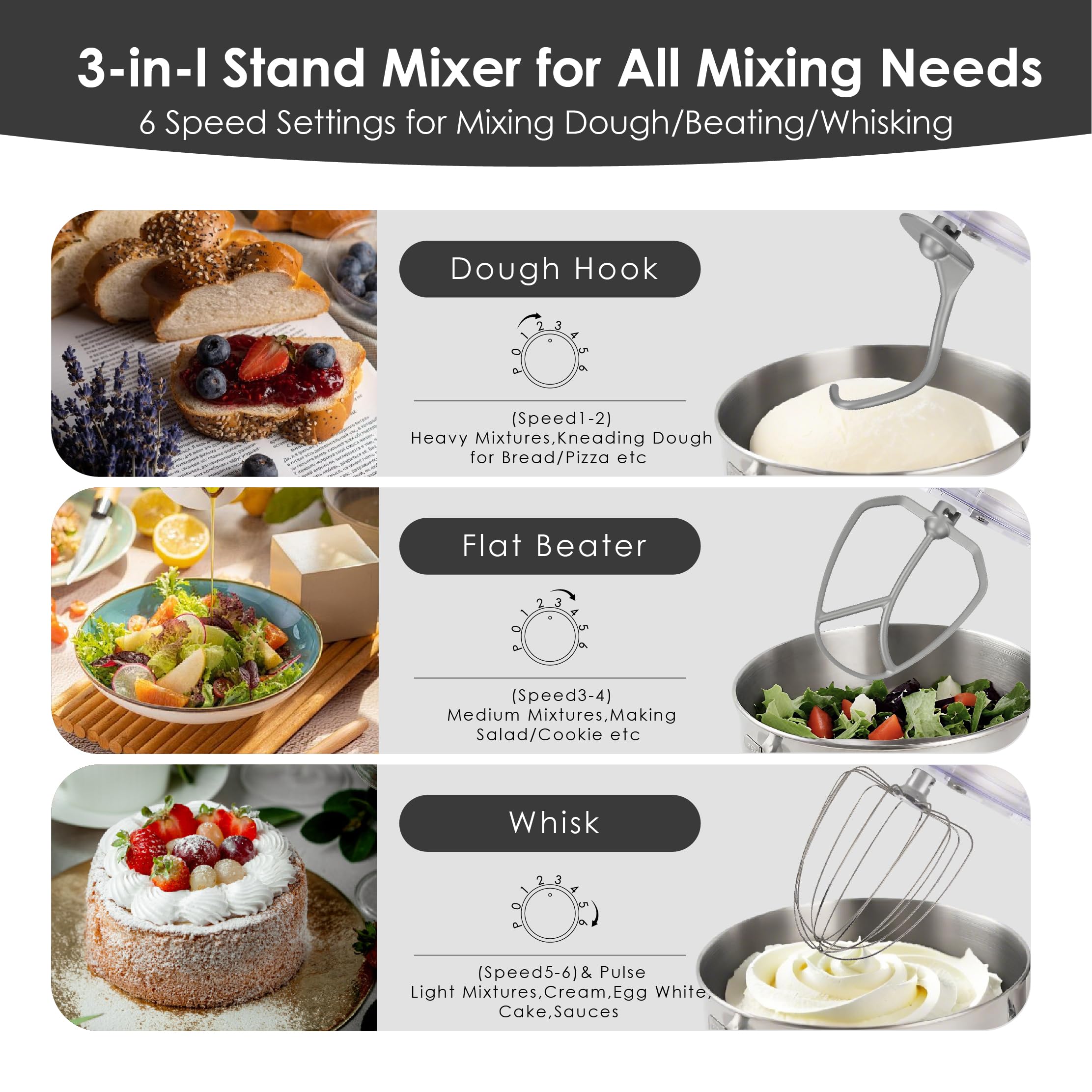 Kitchen in the box Stand Mixer - 6.5 Quart Mixing Bowl with Handle, 900 Watt Heavy Bread Dough Standing Mixers Tilt-head with Dough Hook, Whisk, Flat Beater and Splash Guard (Black)