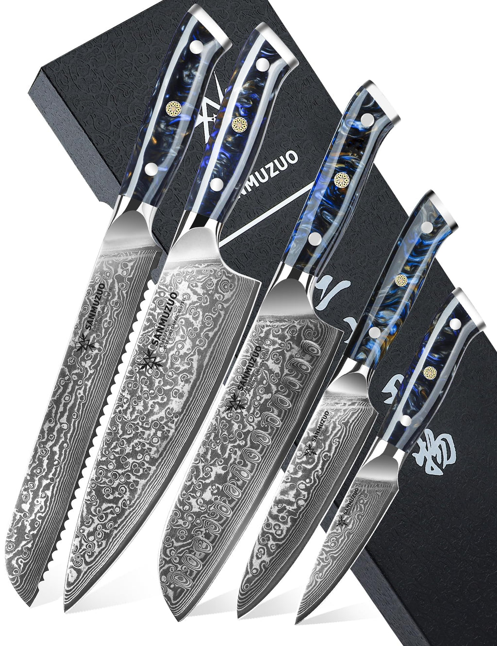 SANMUZUO Chef Cooking Knives Set- Kitchen Knife Set of 5 Piece - Ultra-Sharp VG10 Damascus Steel & Resin Handle - Xuan Series (Jade Green)