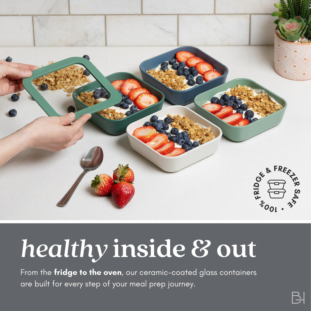 BRIVARA HOME Glass Food Storage Container with Lid, 5-Cup Medium Square | Microwave-Safe Airtight Lid, Oven-Safe Ceramic-Coated Glass | Zero Plastic, No PFAS/PFOA/BPA, Reusable [Crema]