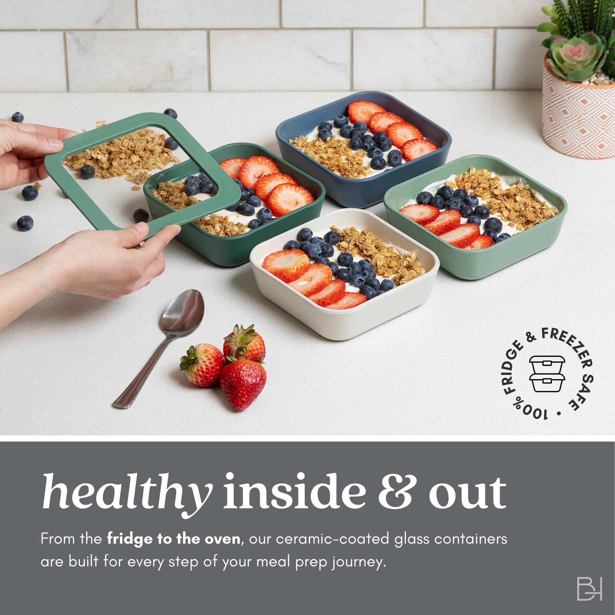 BRIVARA HOME Glass Food Storage Container with Lid, 5-Cup Medium Square | Microwave-Safe Airtight Lid, Oven-Safe Ceramic-Coated Glass | Zero Plastic, No PFAS/PFOA/BPA, Reusable [Crema]