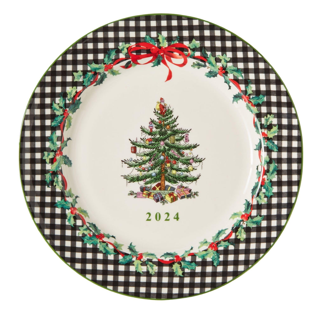 Spode Christmas Tree Collector Plate - Exclusive Border with Red Ribbon & Black Check, Seasonal Display or Holiday Tableware Use, 8" Porcelain Plate - Microwave & Dishwasher Safe, Great Holiday Gift