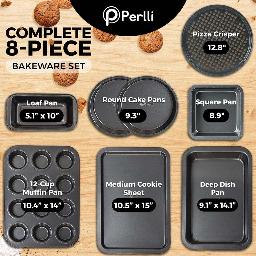 PERLLI Non-Stick 8-Piece Bakeware Set – Carbon Steel with Even Heat Distribution, Oven Safe to 446°F, BPA-Free, Dishwasher Safe, Stackable Baking Tools for Easy Storage and Everyday Cooking - Gray