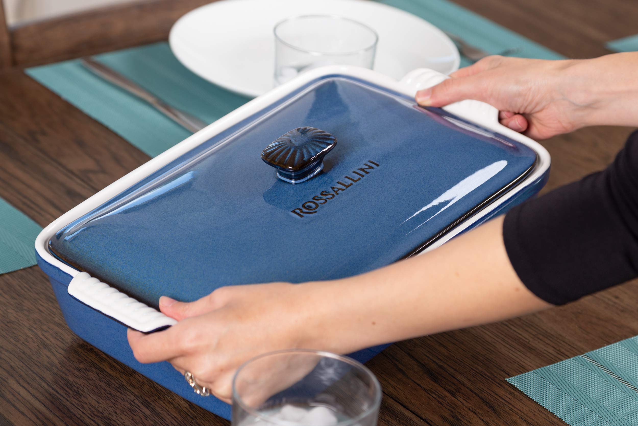 ROSSALLINI Stoneware Casserole Dish Bakeware Set with Lid, Covered Rectangular Dinnerware, Large 3.2 Quart, 11 by 9 Inch, Blu Indaco [Reactive Blue]