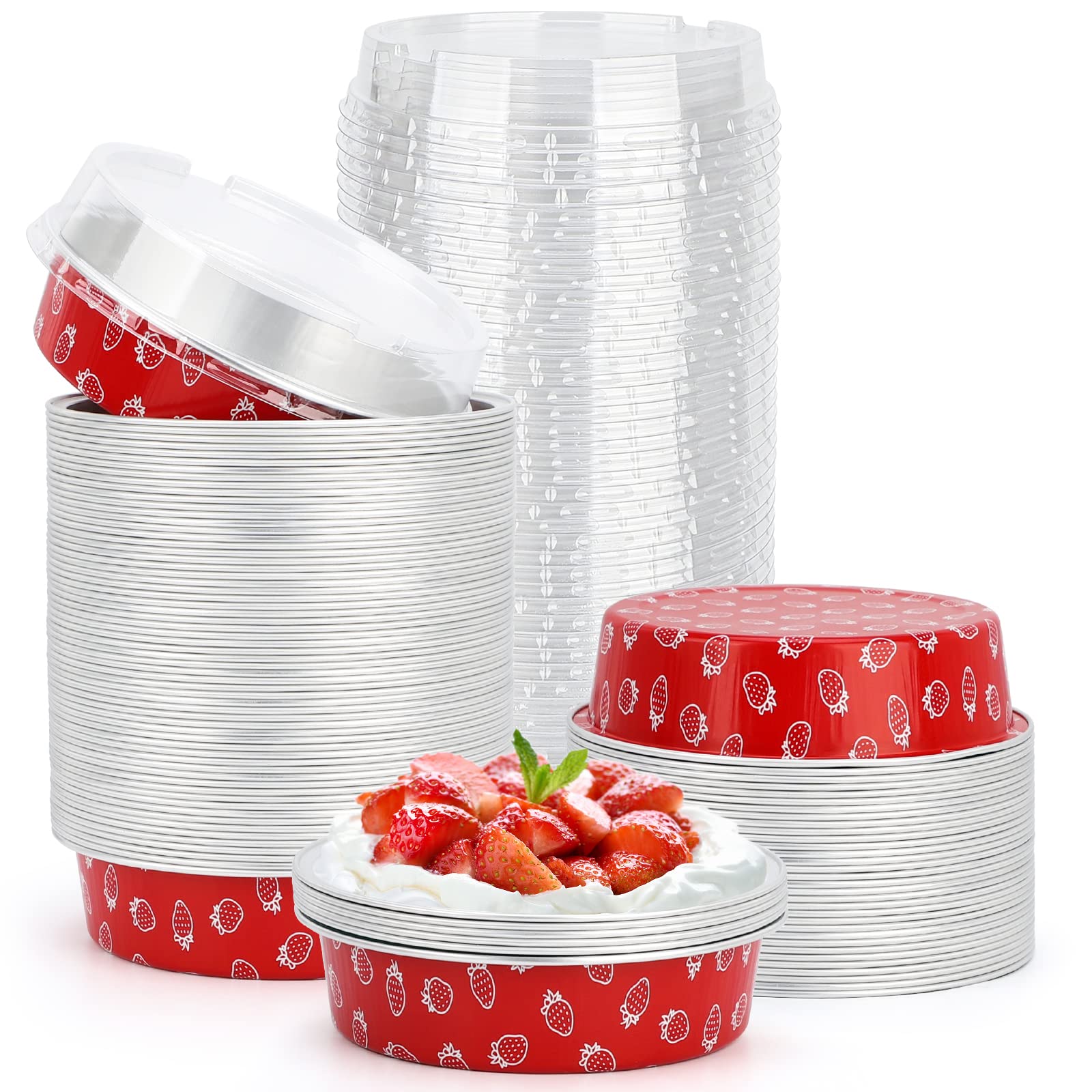 Beasea Disposable Mini Pie Pans with Lids, 100 Pack 4 Inch 8oz Aluminum Baking Foil Tins Small Round Tart Cups Containers for Individual Cupcake Dessert Muffin Cheesecake Ramekins Quiche Oven Dishes