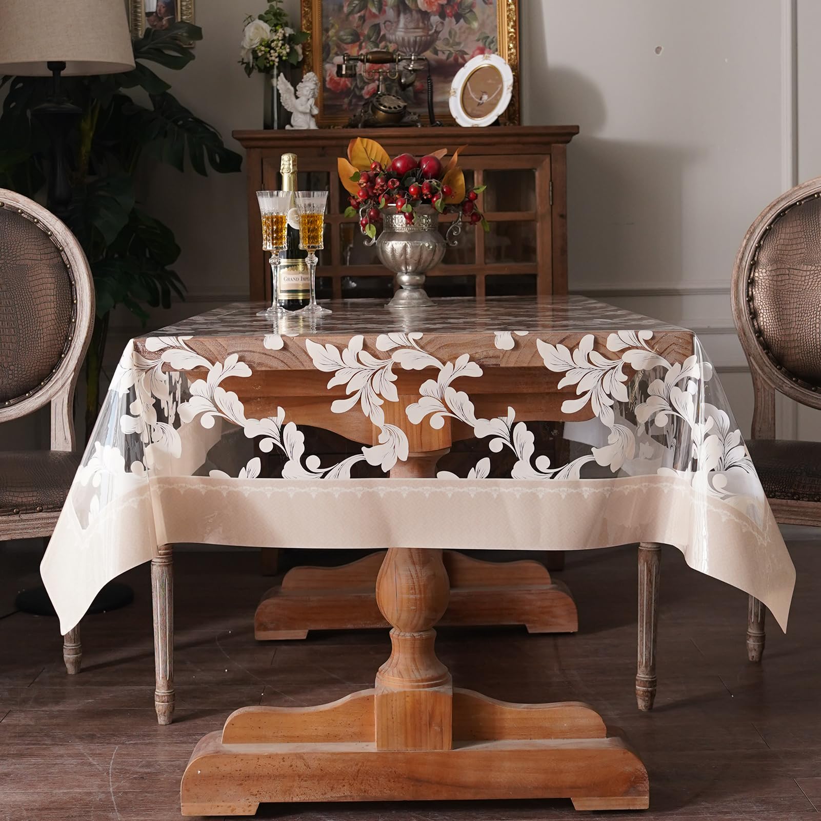 Artbloss Waterproof Clear Table Cover Protector Vinyl Rectangle Table Cloth Oil Spill Proof Wipe Clean Plastic Tablecloths for Dining Tables (Scroll Grass, 60 x 84 Inches)