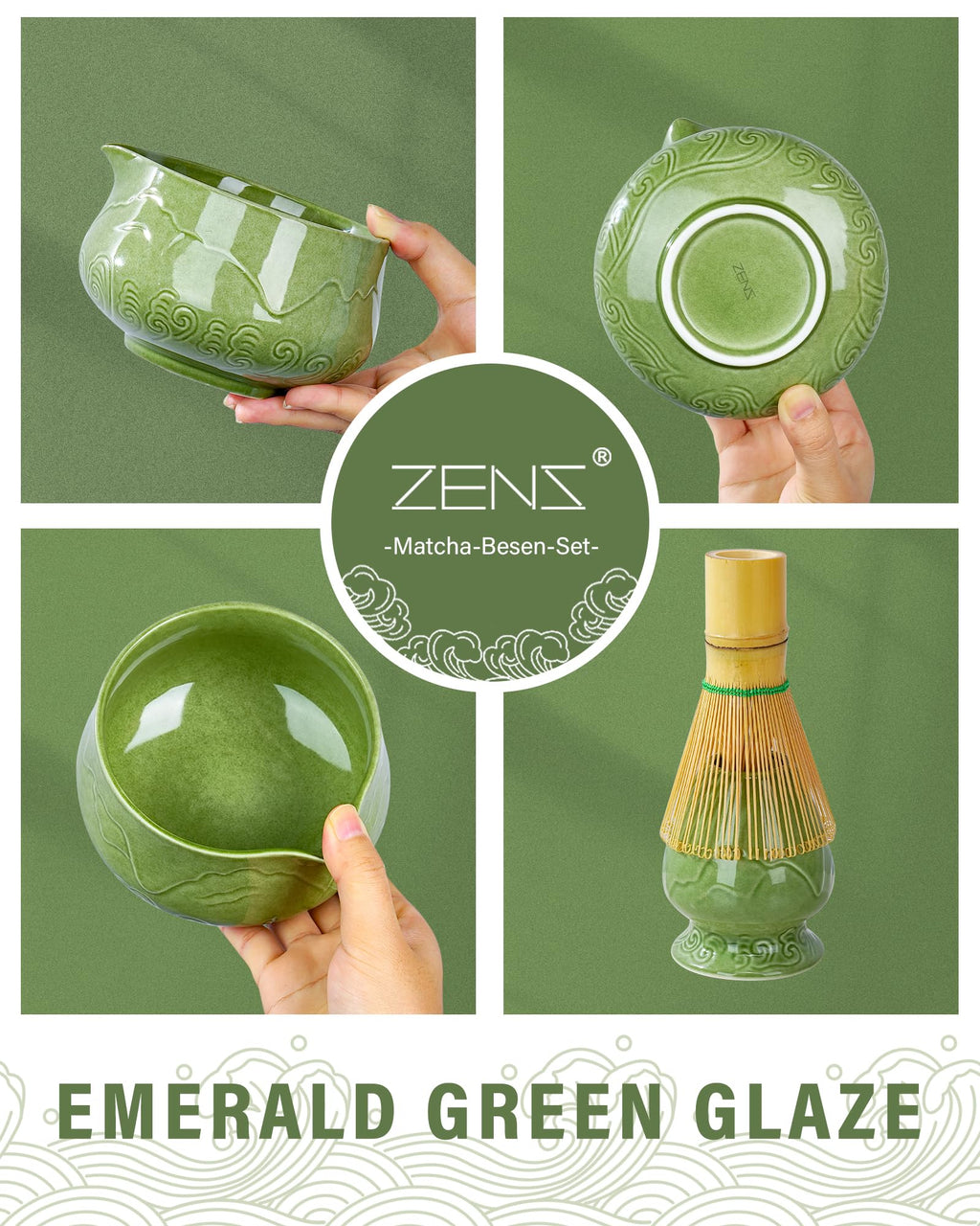 ZENS Matcha Whisk Set, 7pcs Matcha Set Includes Emerald Green Bowl and Matcha Cup, Bamboo Whisk & Scoop, Chasen Holder, 304 Sifter, Tea Mat, Matcha Kit for Latte Making