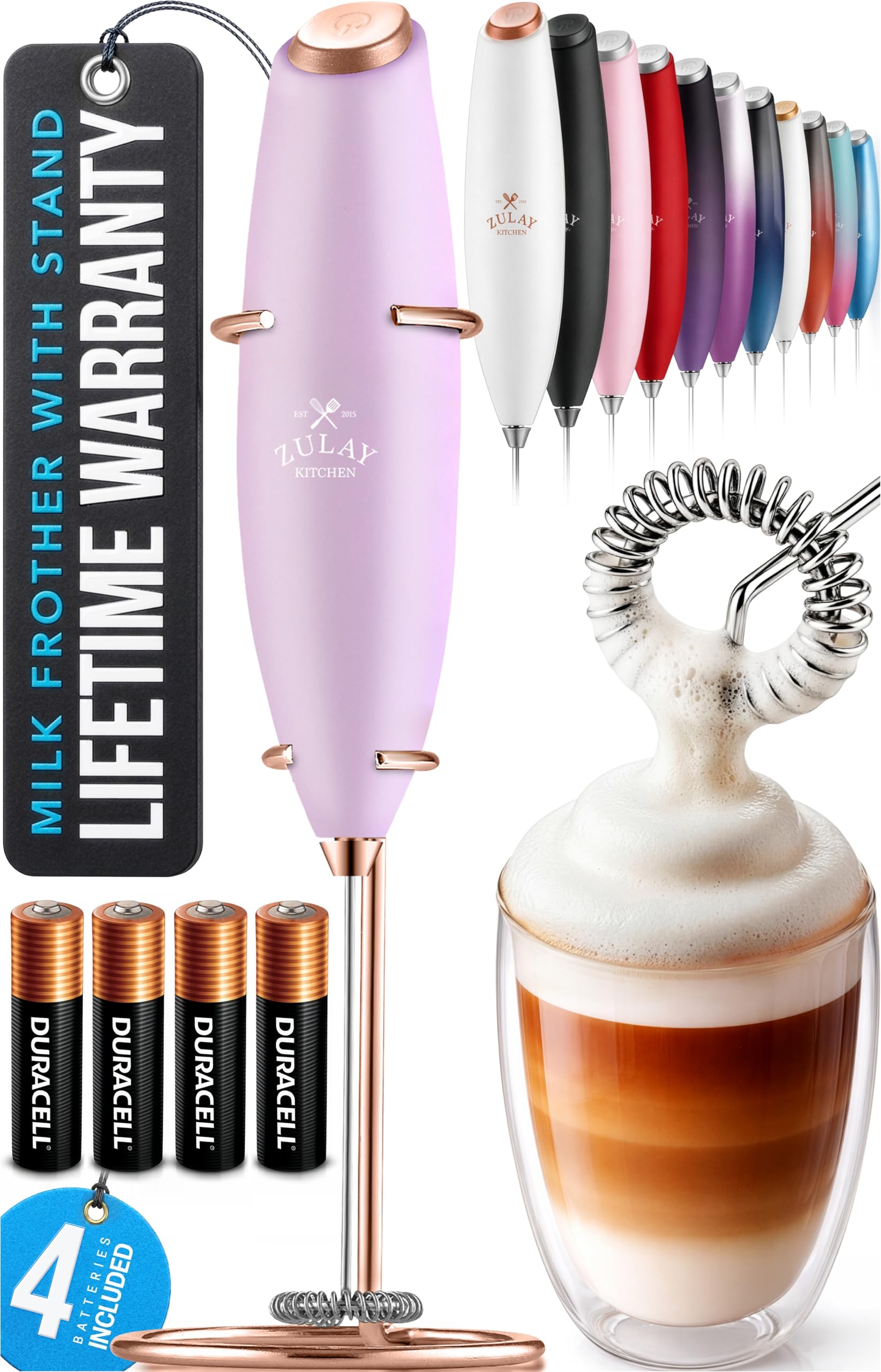 Zulay Kitchen Powerful Milk Frother Wand With Duracell Batteries - Ultra Fast Handheld Drink Mixer - Electric Whisk Foam Maker for Coffee, Lattes, Cappuccino & Matcha - Z1 Motor - Lilac & Rose Gold
