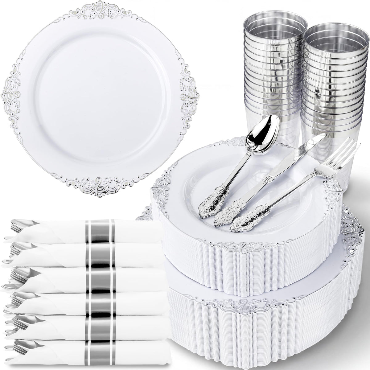 Nervure 350Pcs Purple Plastic Plates, Plastic Dinnerware Set for 50 Guests