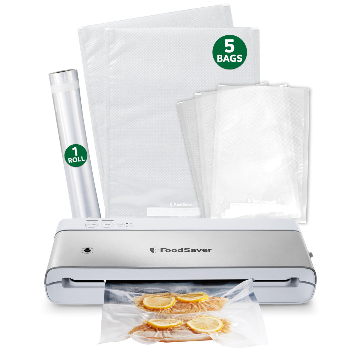 FoodSaver Compact Vacuum Sealer Machine with Airtight Bags and Roll - Ideal for Sous Vide and Airtight Food Storage, White