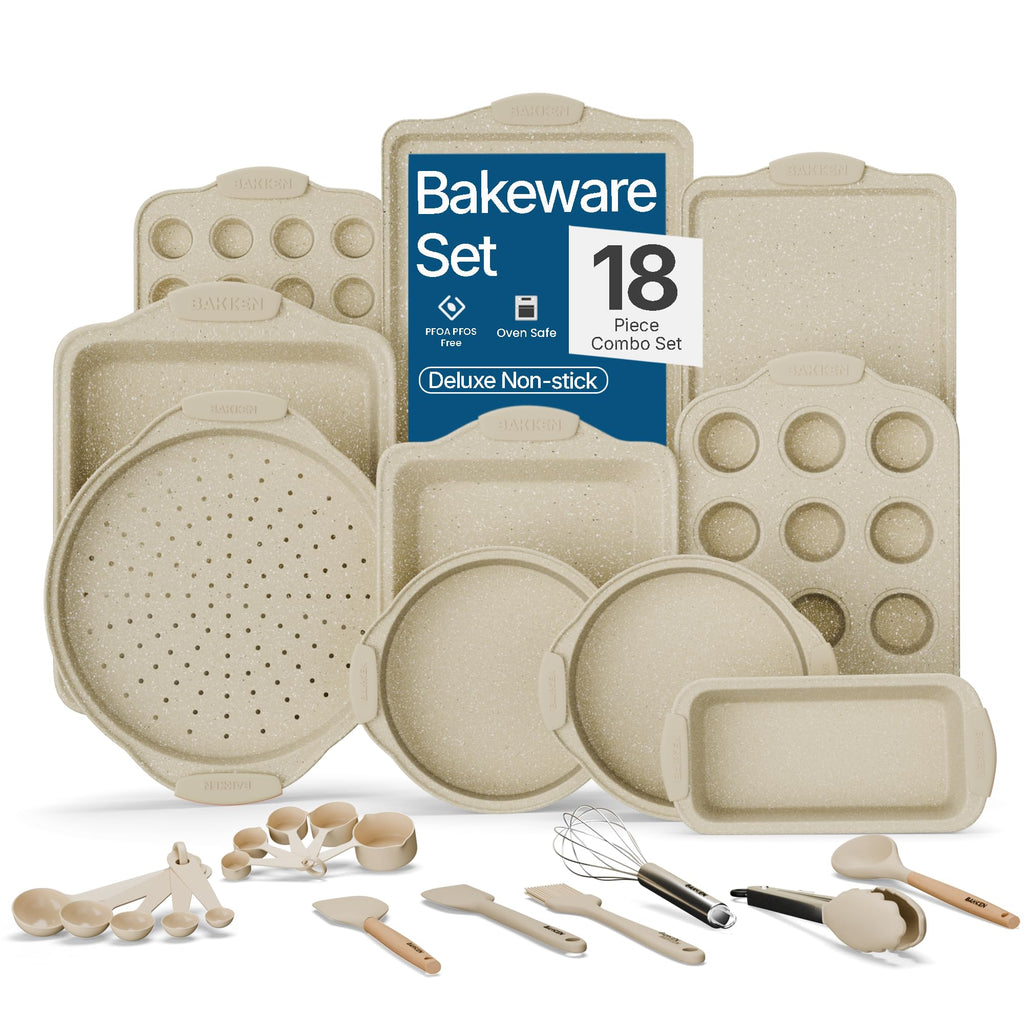 BAKKENMASTER 18-Piece Deluxe Nonstick Carbon Steel Bakeware Set - Professional Kitchen Oven Baking Pans with White Silicone Handles and Accessories