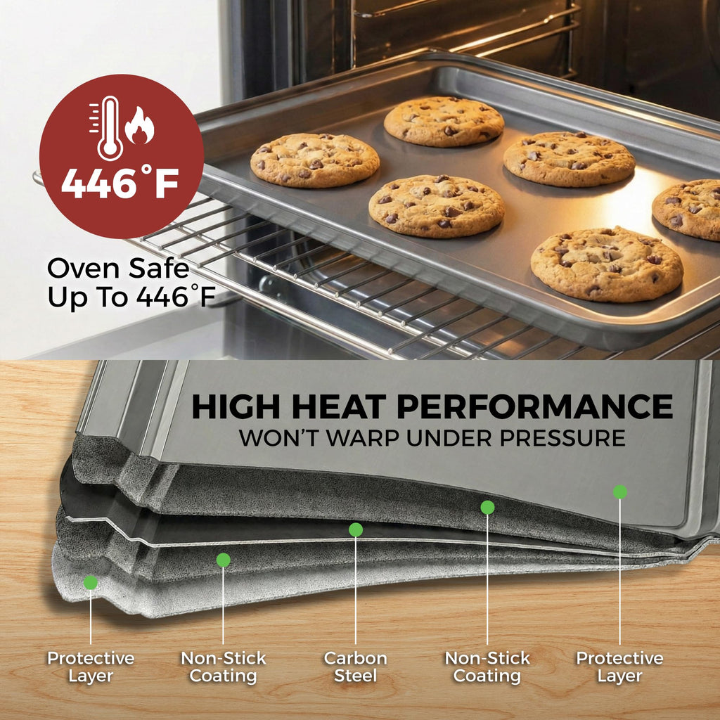 PERLLI Non-Stick 8-Piece Bakeware Set – Carbon Steel with Even Heat Distribution, Oven Safe to 446°F, BPA-Free, Dishwasher Safe, Stackable Baking Tools for Easy Storage and Everyday Cooking - Gray