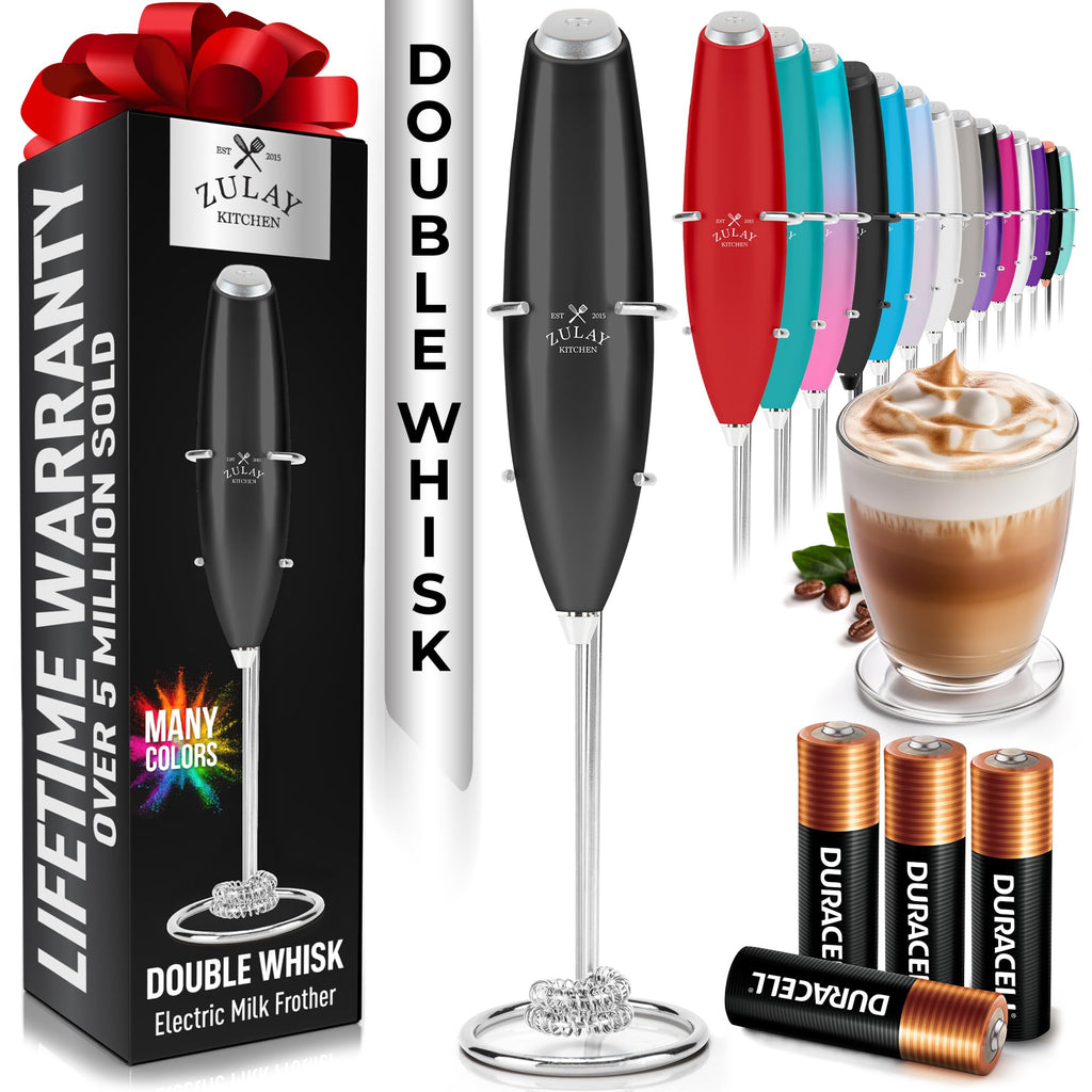Zulay Kitchen Powerful Milk Frother Wand With Duracell Batteries - Ultra Fast Handheld Drink Mixer - Electric Whisk Foam Maker for Coffee, Lattes, Cappuccino & Matcha - Z1 Motor - Aqua