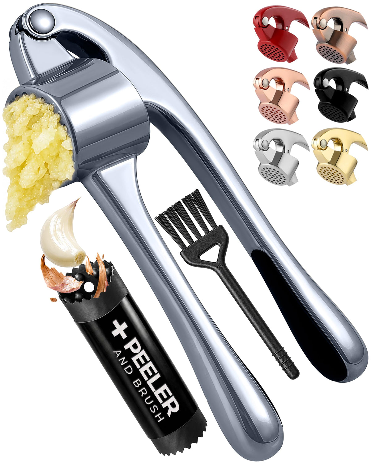 Zulay Kitchen Premium Garlic Press Set - Rust Proof Professional Garlic Mincer Tool - Easy-Squeeze, Easy-Clean with Soft Handle - Silicone Garlic Peeler & Brush (Rose Gold)