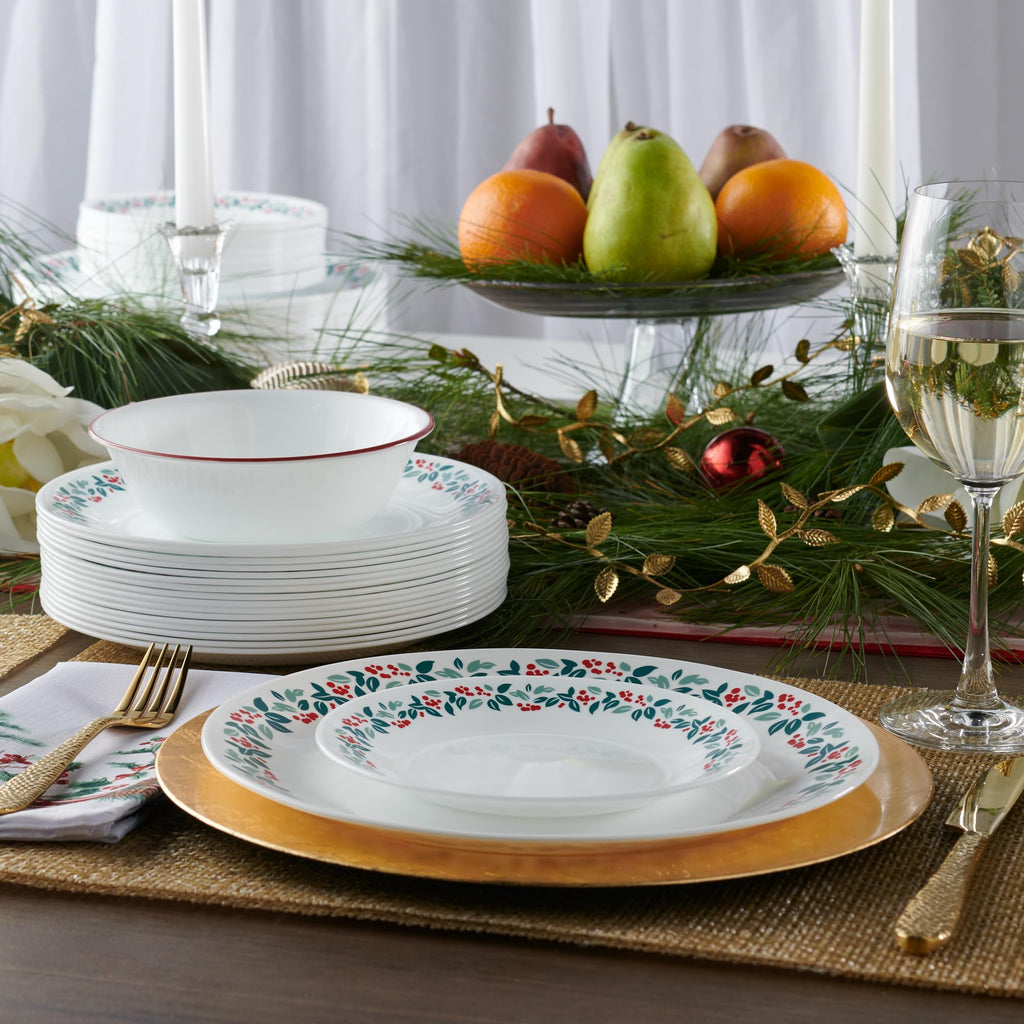 Corelle Vitrelle 18-Piece Christmas Service for 6 Dinnerware Set, Triple Layer Glass and Chip Resistant, Lightweight Round Holiday Plates and Bowls Set, Winter Berries