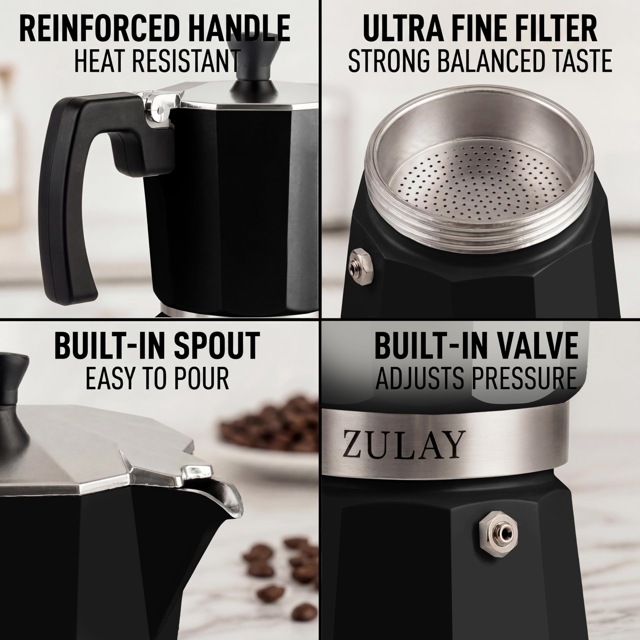 Zulay Moka Pot Espresso Stovetop Coffee Maker - Leak-Proof, Stainless Steel, Easy to Clean, Heat Resistant Handle & Knob - for Authentic Cuban & Italian Style Espresso - Makes 9 Espresso Cups - Black