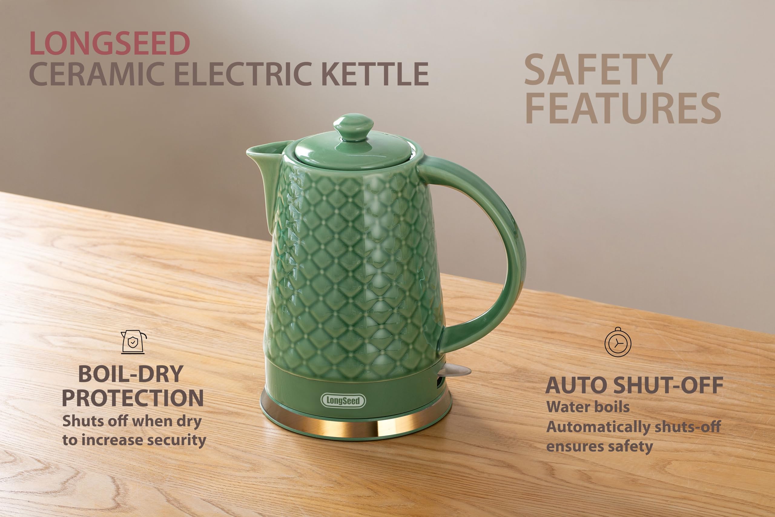 LONGSEED Ceramic Electric Kettle, 1.5L/1200W Boil Water Quickly and Easily with Boil-Dry Protection Auto Shut Off, Detachable Swivel Base, Green Relief Carving