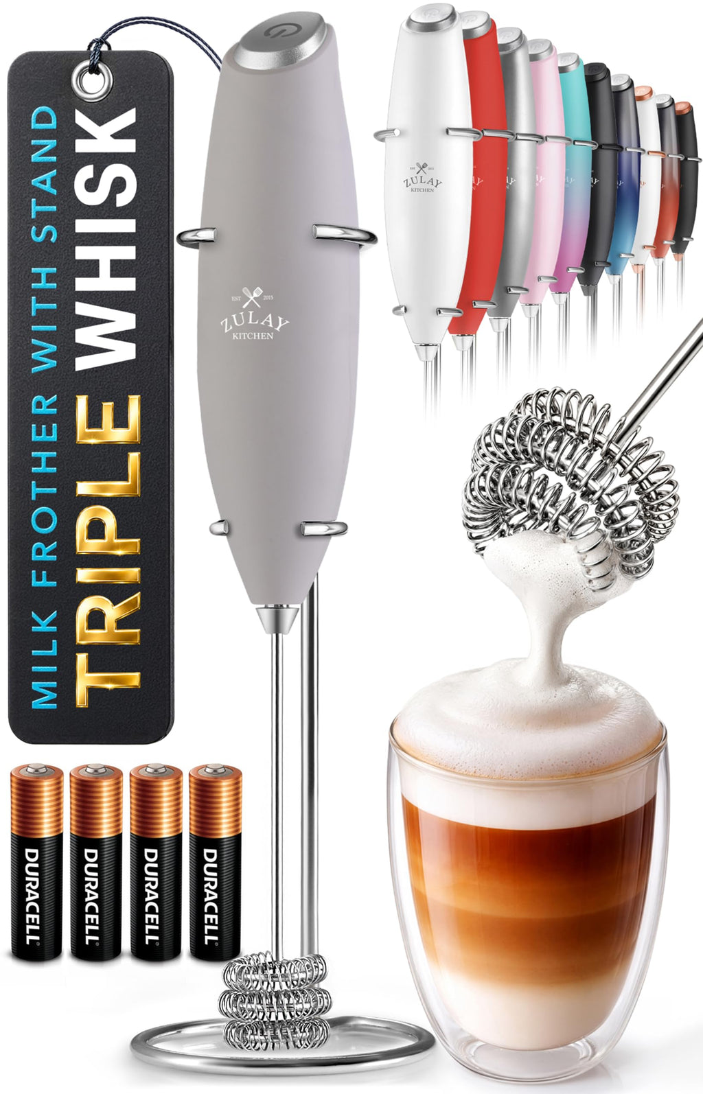 Zulay Kitchen Powerful Milk Frother Wand With Duracell Batteries - Ultra Fast Handheld Drink Mixer - Electric Whisk Foam Maker for Coffee, Lattes, Cappuccino & Matcha - Z1 Motor - Aqua