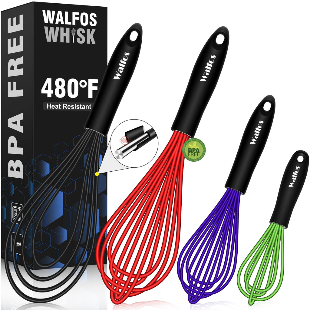 Walfos Whisk,5+7Inch Mini Whisks,Silicone Non Scratch whisk,Heat Resistant(480°F) Small whisks Suitable for stirring individual eggs and mixing small amounts of powder and sauce. Purple & Green