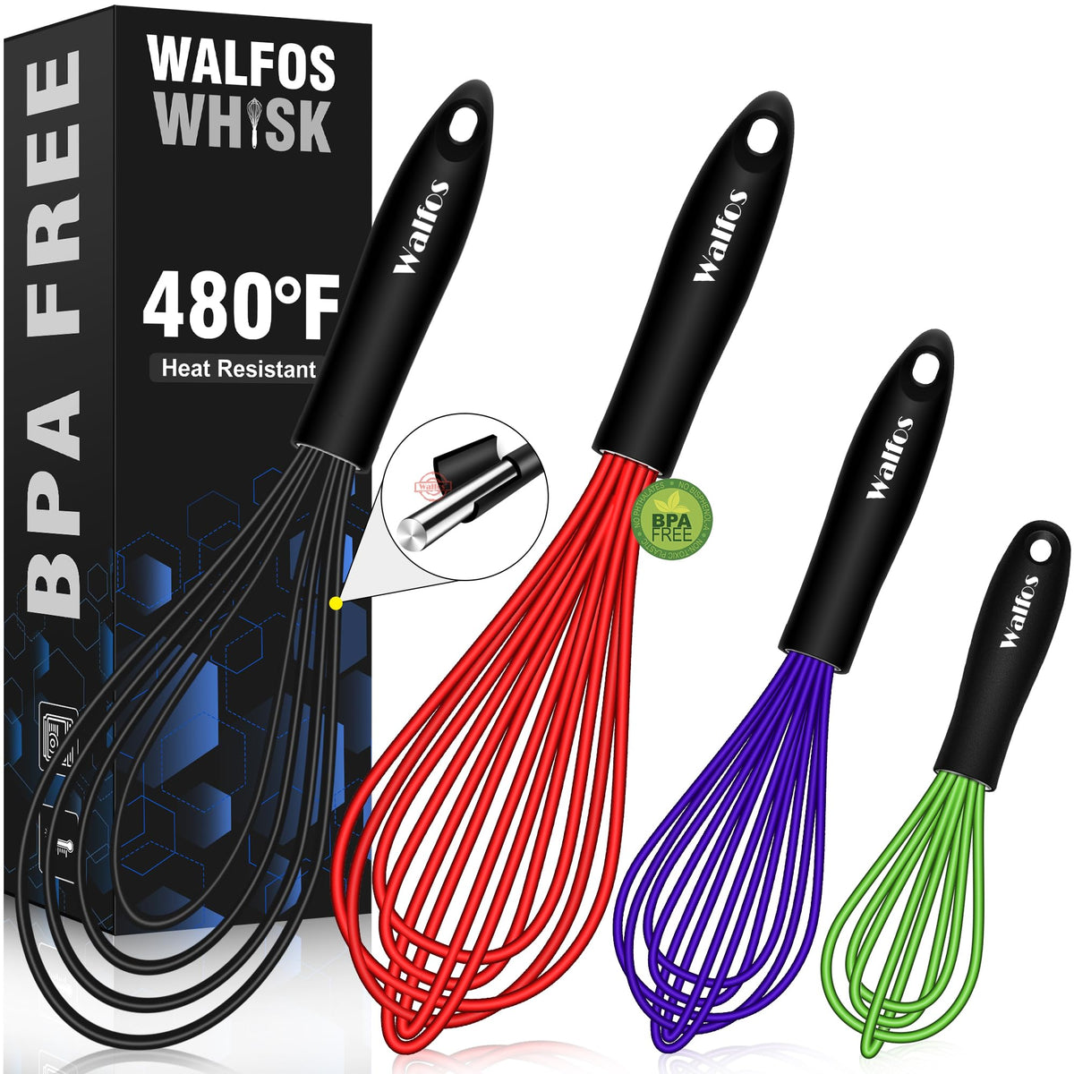 Walfos Whisk,5+7Inch Mini Whisks,Silicone Non Scratch whisk,Heat Resistant(480°F) Small whisks Suitable for stirring individual eggs and mixing small amounts of powder and sauce. Purple & Green