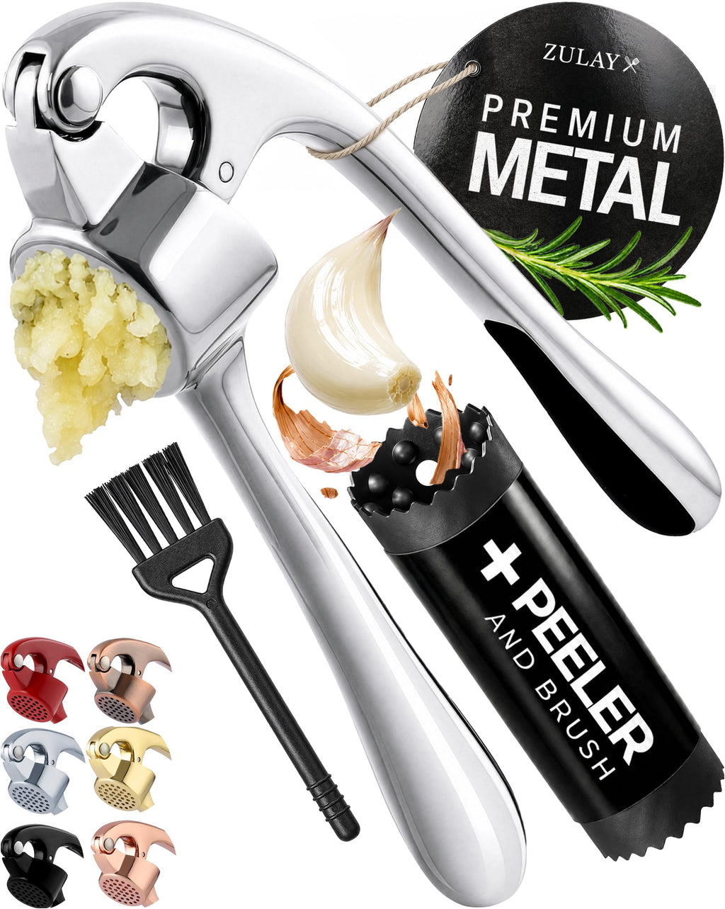 Zulay Kitchen Premium Garlic Press Set - Rust Proof Professional Garlic Mincer Tool - Easy-Squeeze, Easy-Clean with Soft Handle - Silicone Garlic Peeler & Brush (Rose Gold)
