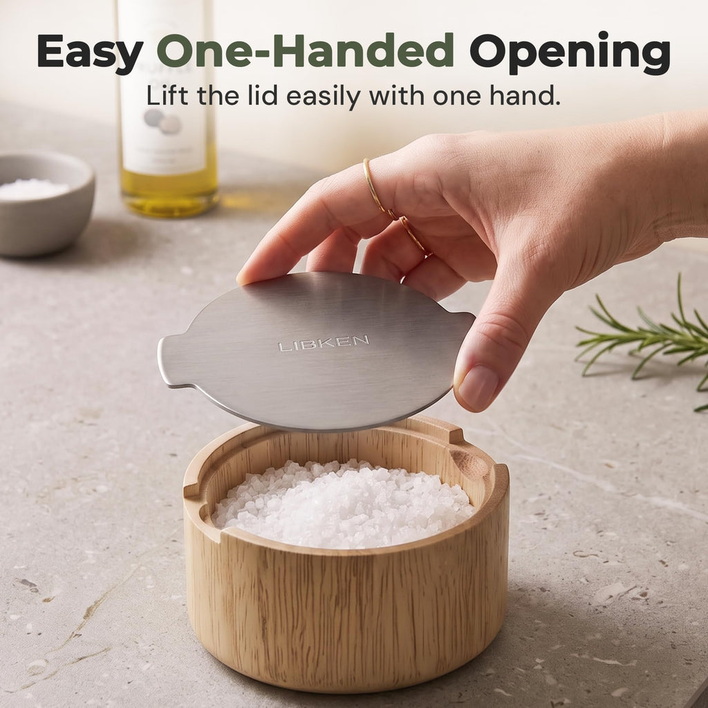 Wooden Salt Cellar with Stainless Steel Lid - 6 Oz Flaky Salt Container