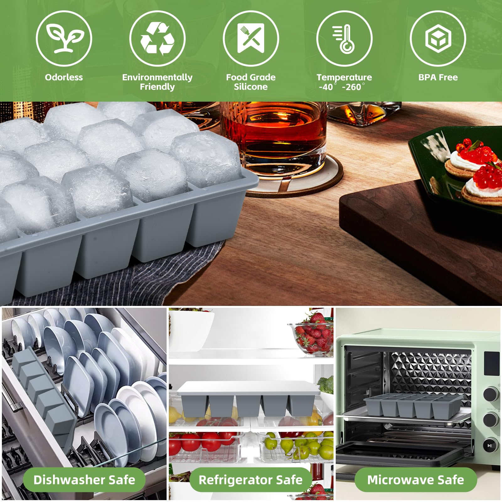 Silicone Ice Cube Tray, 2 Pack Easy-Release Stackable Ice Trays for Freezer with Lid 15 Reusable Cubes, Food Grade BPA Free Ice Molds for Whiskey, Baby Food, Coffee, Cocktail, Drinks (Grey)