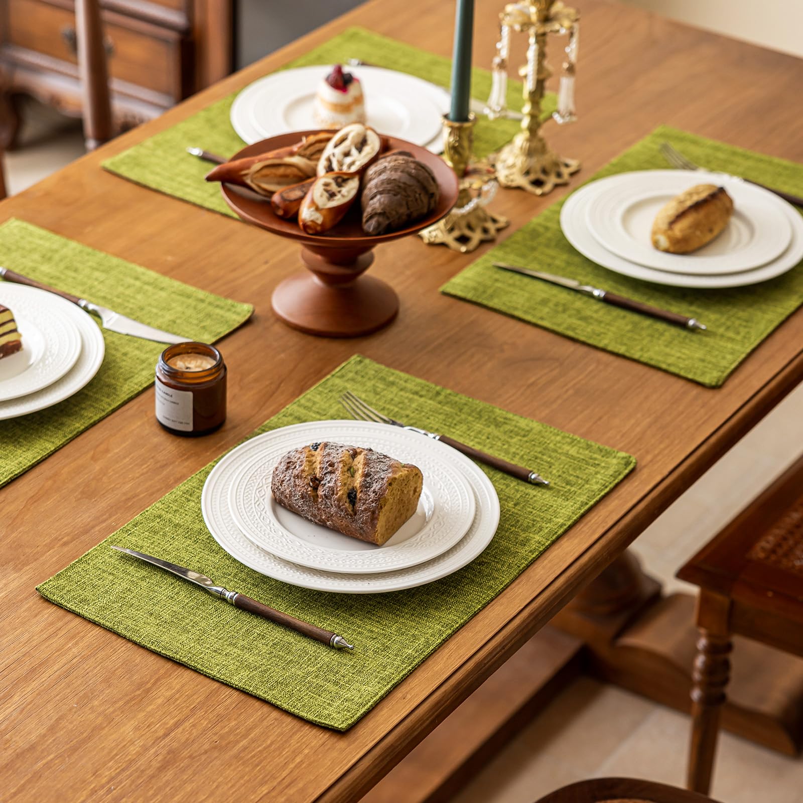 KXN Placemats Set of 4, Dual-Layer Thickened Faux Linen Table Mats, Heat Resistant & Wrinkle-Free, Machine Washable Cloth Place Mats for Kitchen Dining Indoor Outdoor (Green)