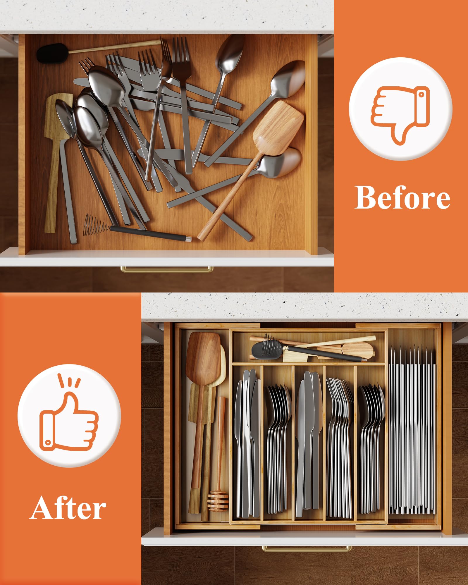 Kitsure Large Bamboo Silverware Organizer - Expandable Drawer Organizer for Utensil, Cutlery and Flatware, Kitchen Storage Solution with 6 to 8 Slots, Natural, 19.4" × 13.1" × 1.8"