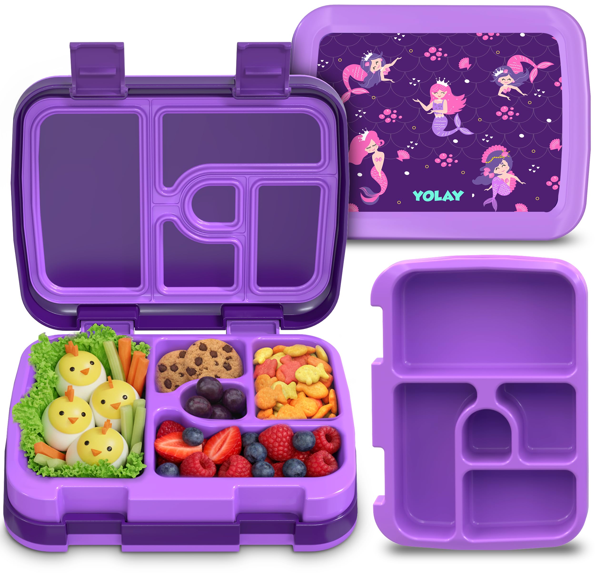 YOLAY Bento Box for Kids Lunch Box Leak-Proof, 5-Compartment Lunch Box Kids for Ages 3-10, Durable with Anti-Slip Base, Suitable for Schools, Outdoor and Travel (Mermaid)