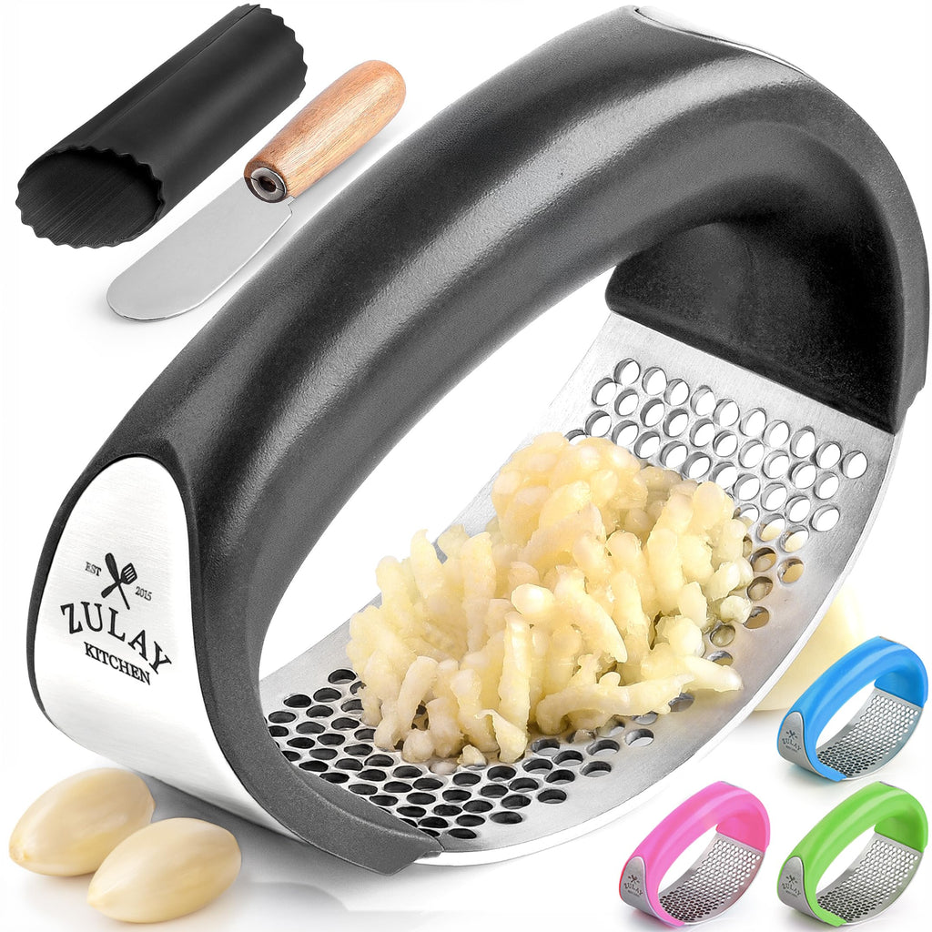 Zulay Kitchen Stainless Steel Garlic Press Rocker Set - Premium Garlic Mincer Garlic Crusher - New Innovative Garlic Crusher with Peeler and Scraper - Comfortable Grip (Red)