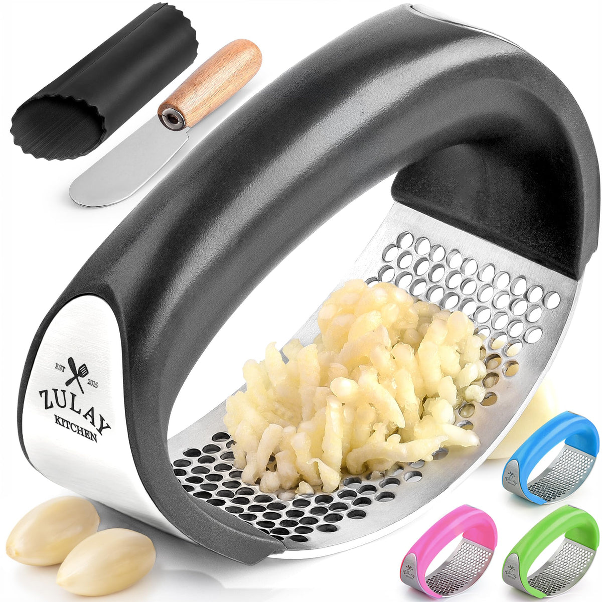 Zulay Kitchen Stainless Steel Garlic Press Rocker Set - Premium Garlic Mincer Garlic Crusher - New Innovative Garlic Crusher with Peeler and Scraper - Comfortable Grip (Red)